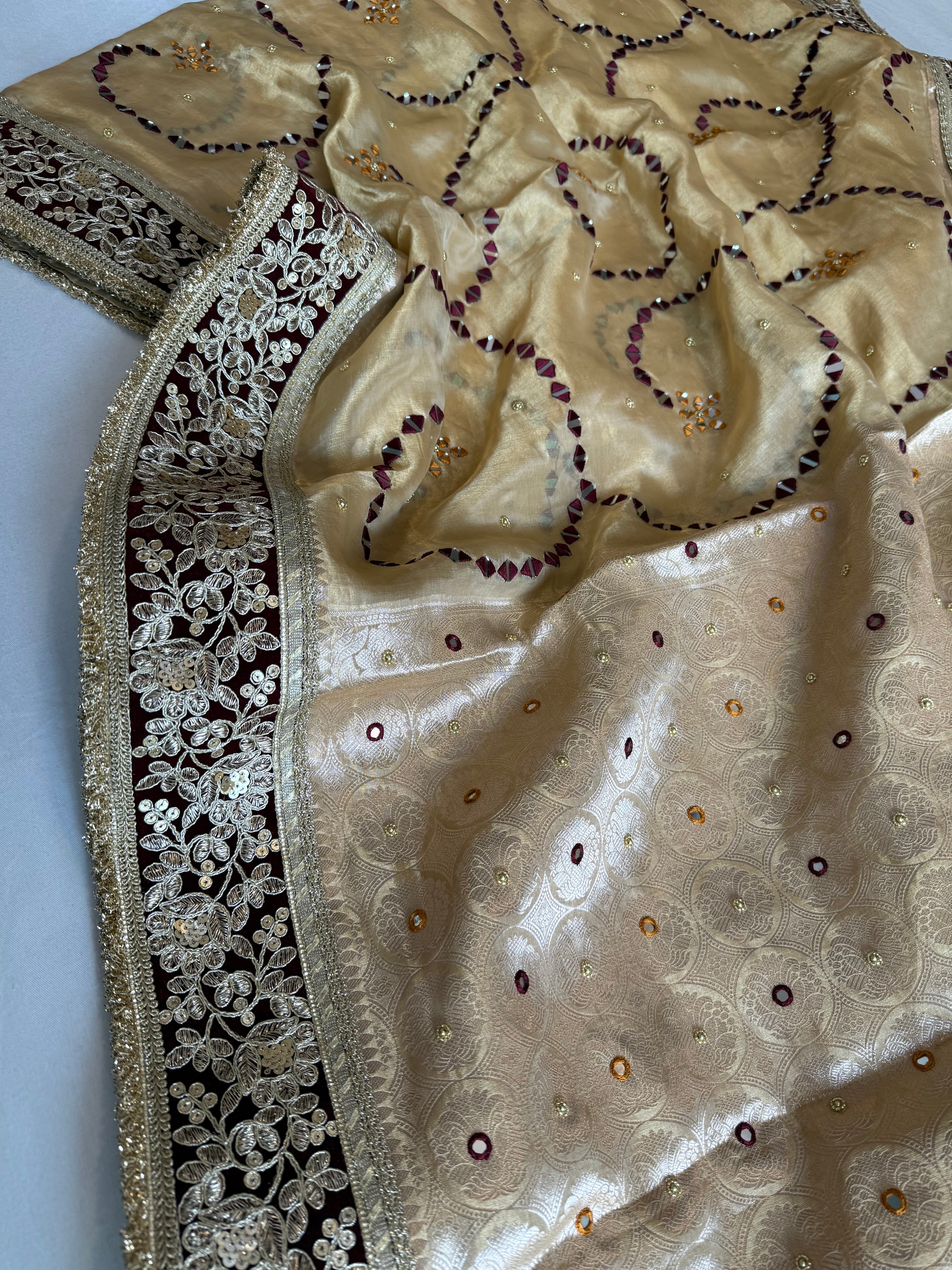 Sheesham edit - Heavy double tissue silk mirror work hand embroidered saree
