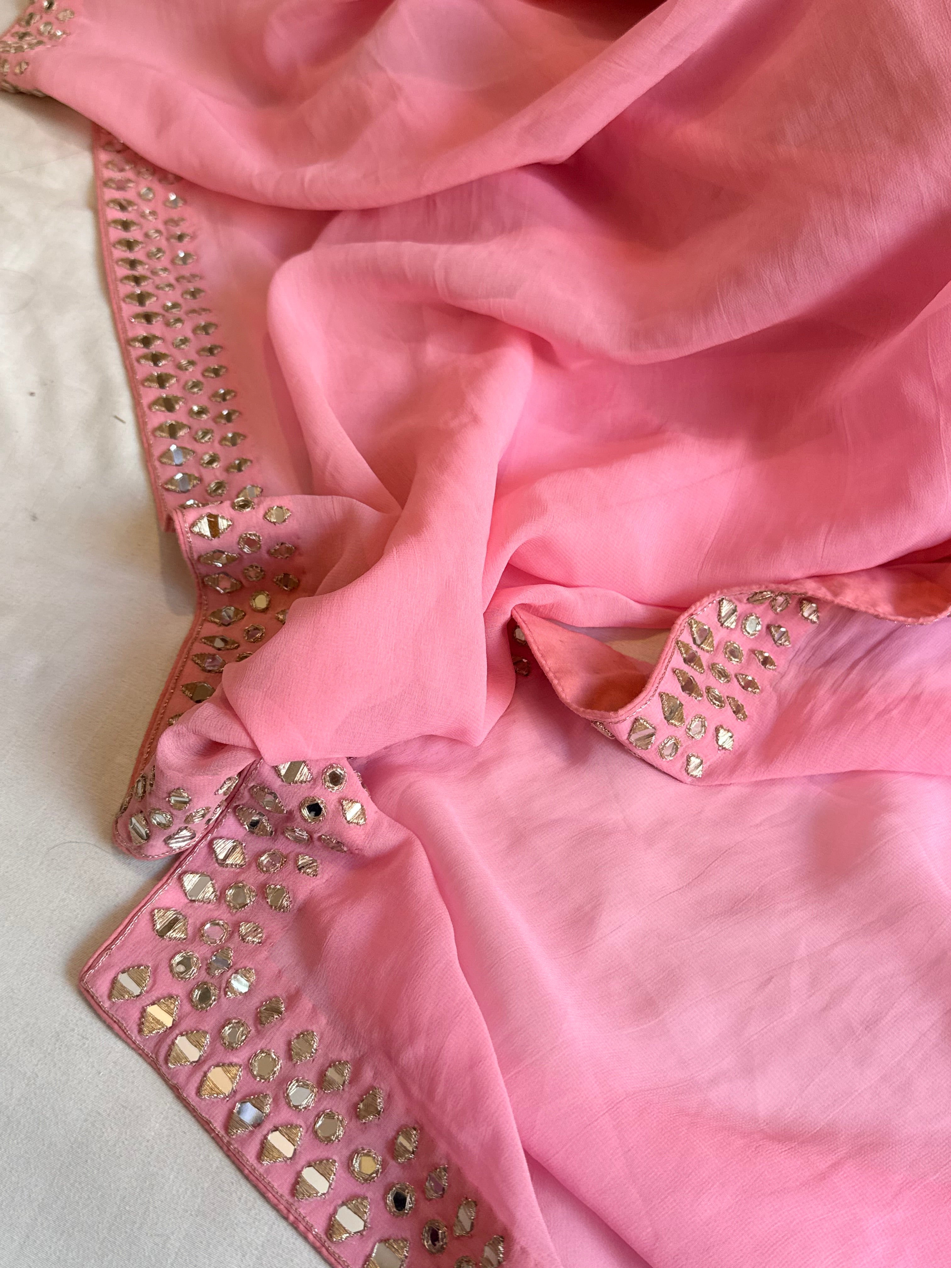 Mother’s Day offer - Candy pink chiffon gorgette mirrorwork hand embroidered sarees
