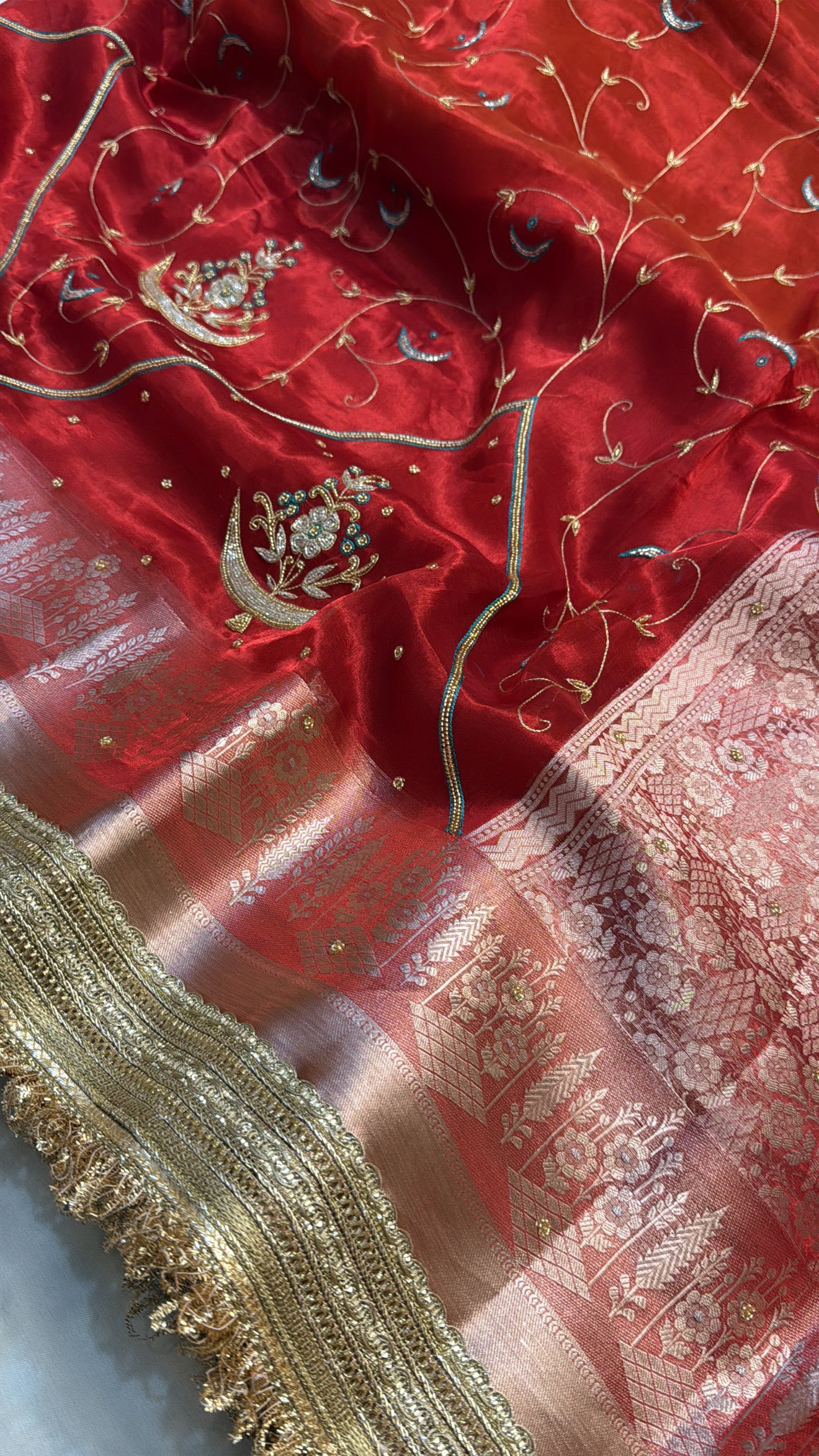 Dulhan ka joda husn red tissue silk hand embroidered saree