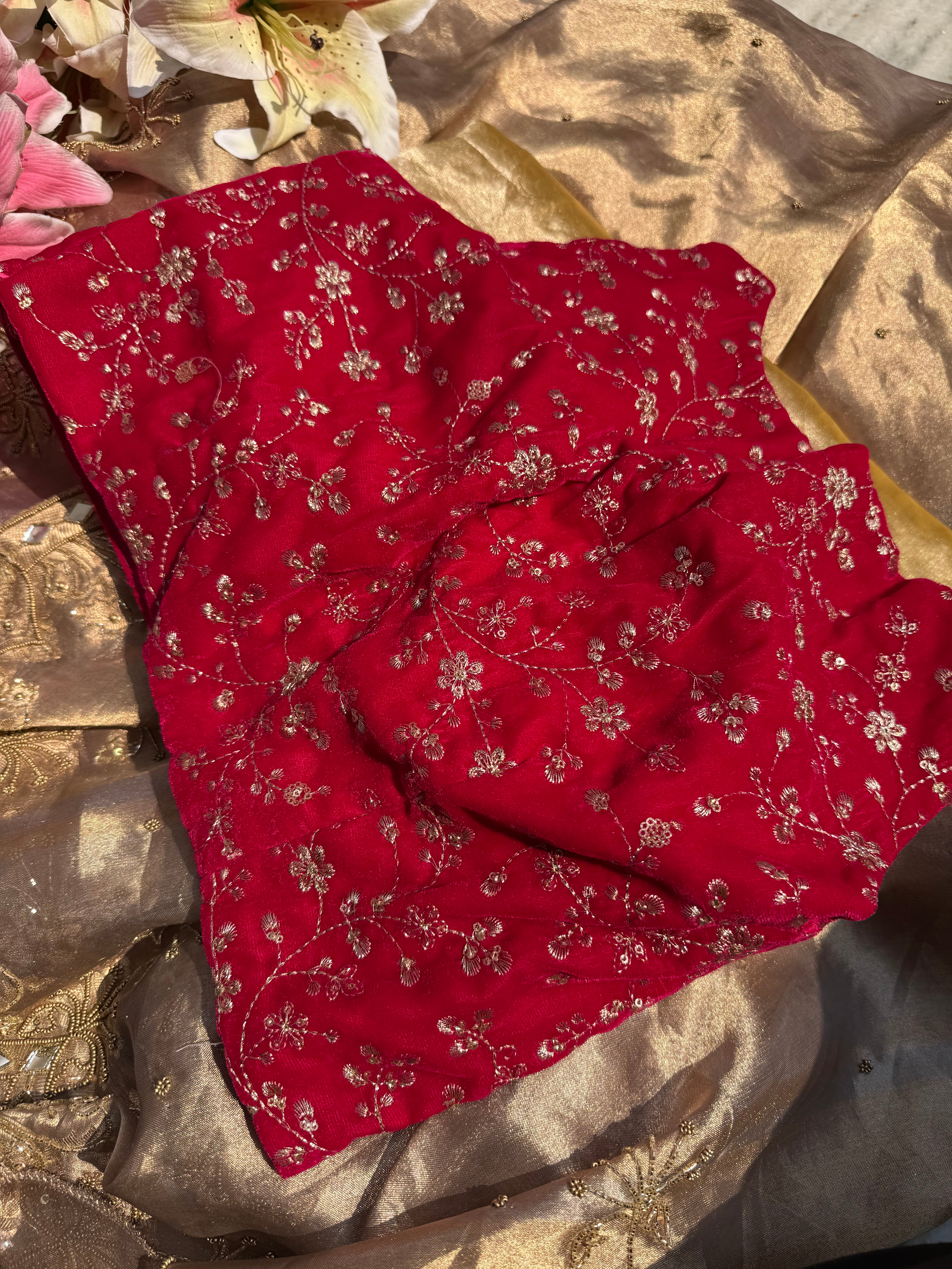 Free size velvet rani pink hand embroidered blouse