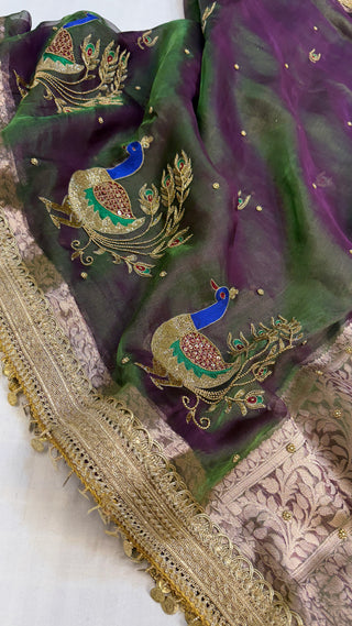 Baarat wali saree - Midnight space purple husn tissue silk meenakari hand embroidered saree