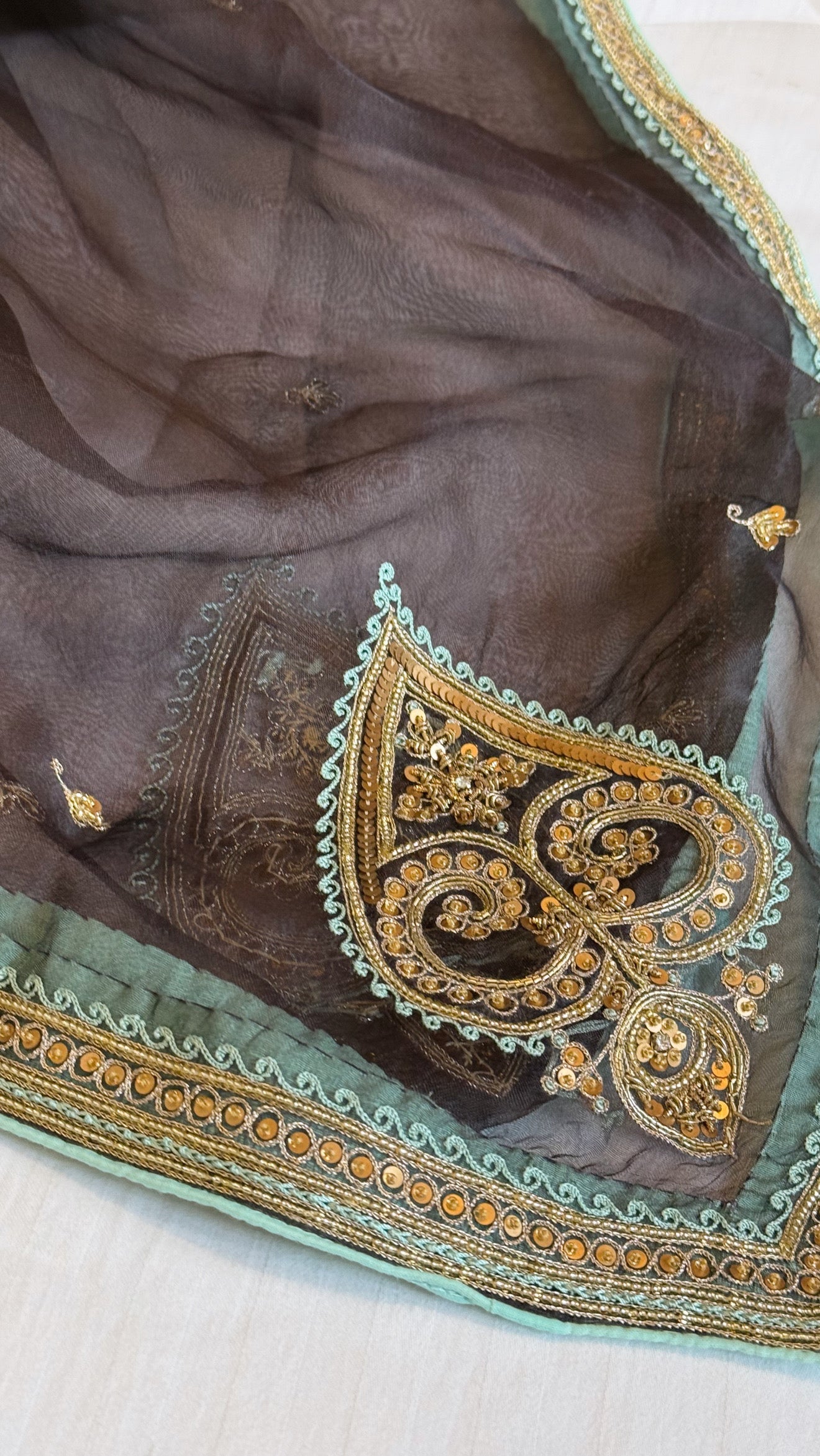 Mint blue - Brown shade katan silk hand embroidered kurta paired with kora silk zardozi duppata