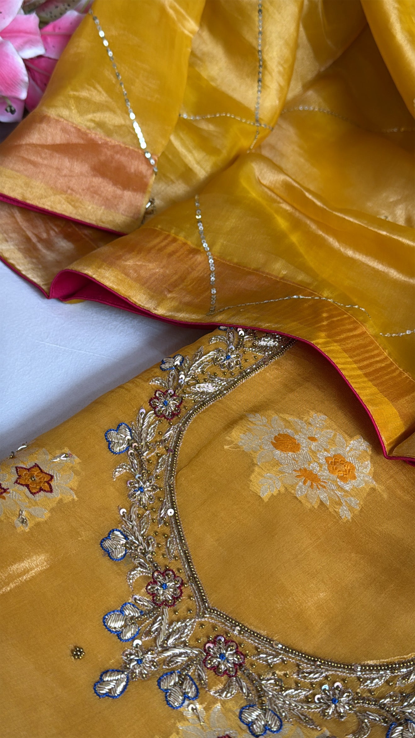 Haldi gold tissue silk hand embroidered heeramandi kadhwa suit set