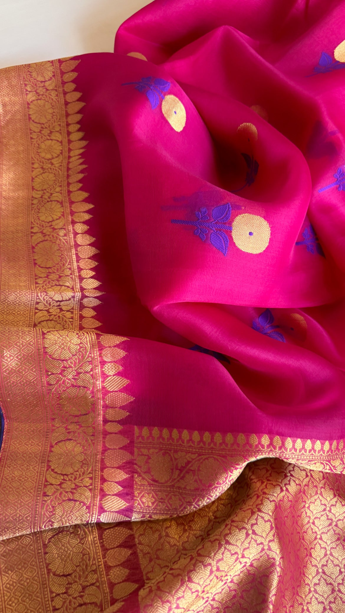 Magenta pink kora silk kadhwa banarasi border saree