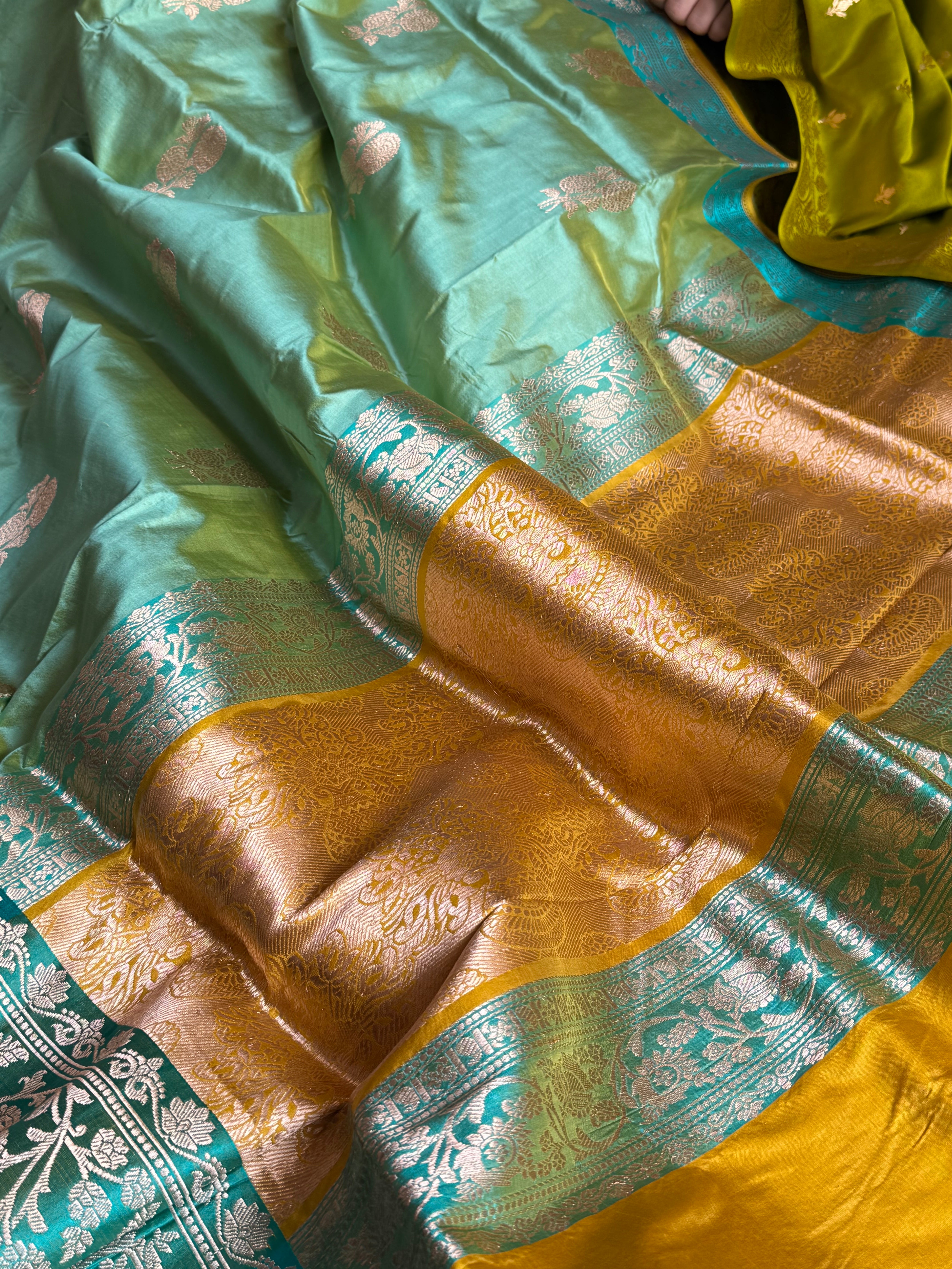 Firozi blue-olive gold contrast combination katan silk kadhwa saree