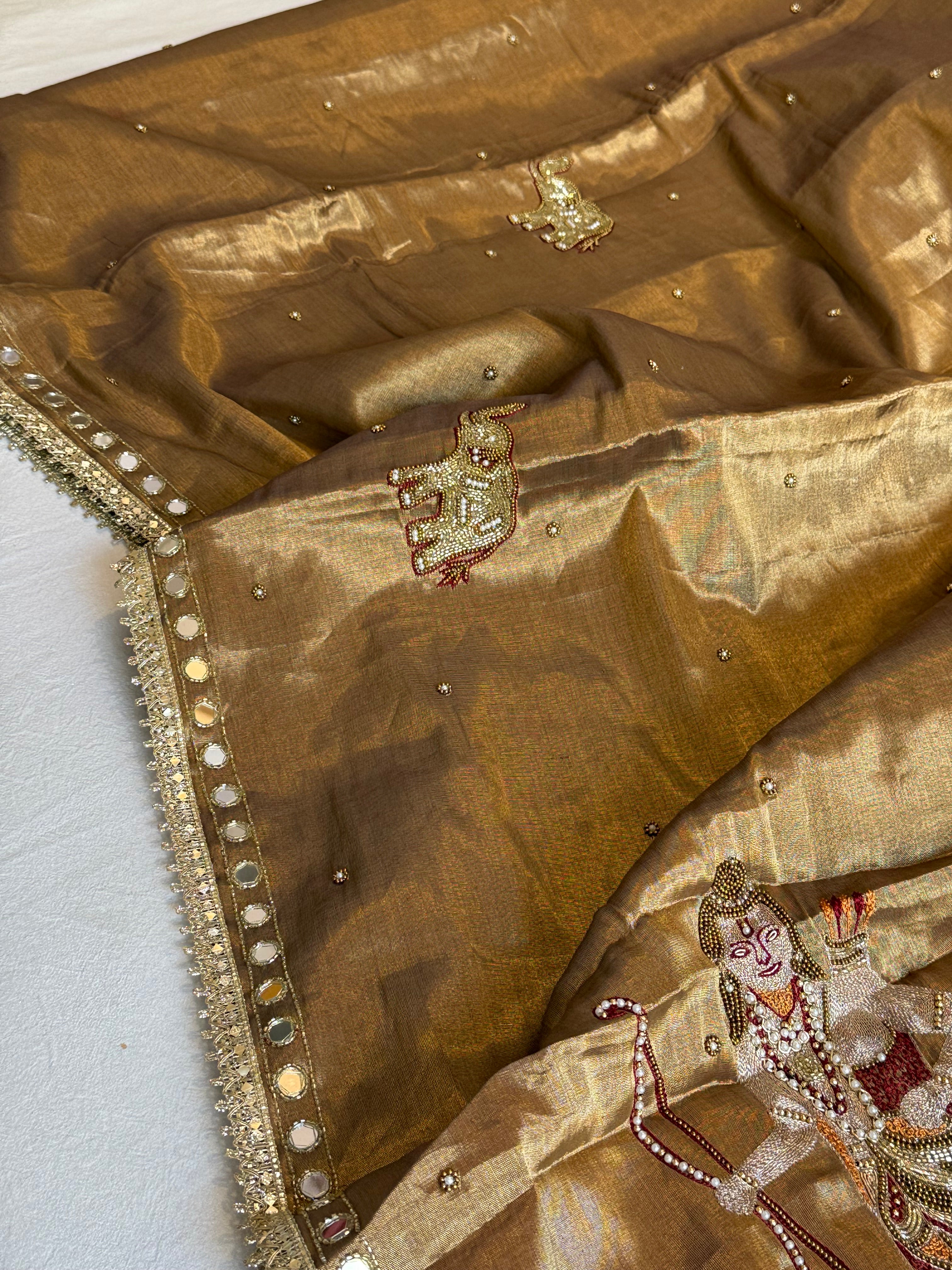 Satin tissue silk antique gold banarasi hand embroidered kadhwa saree