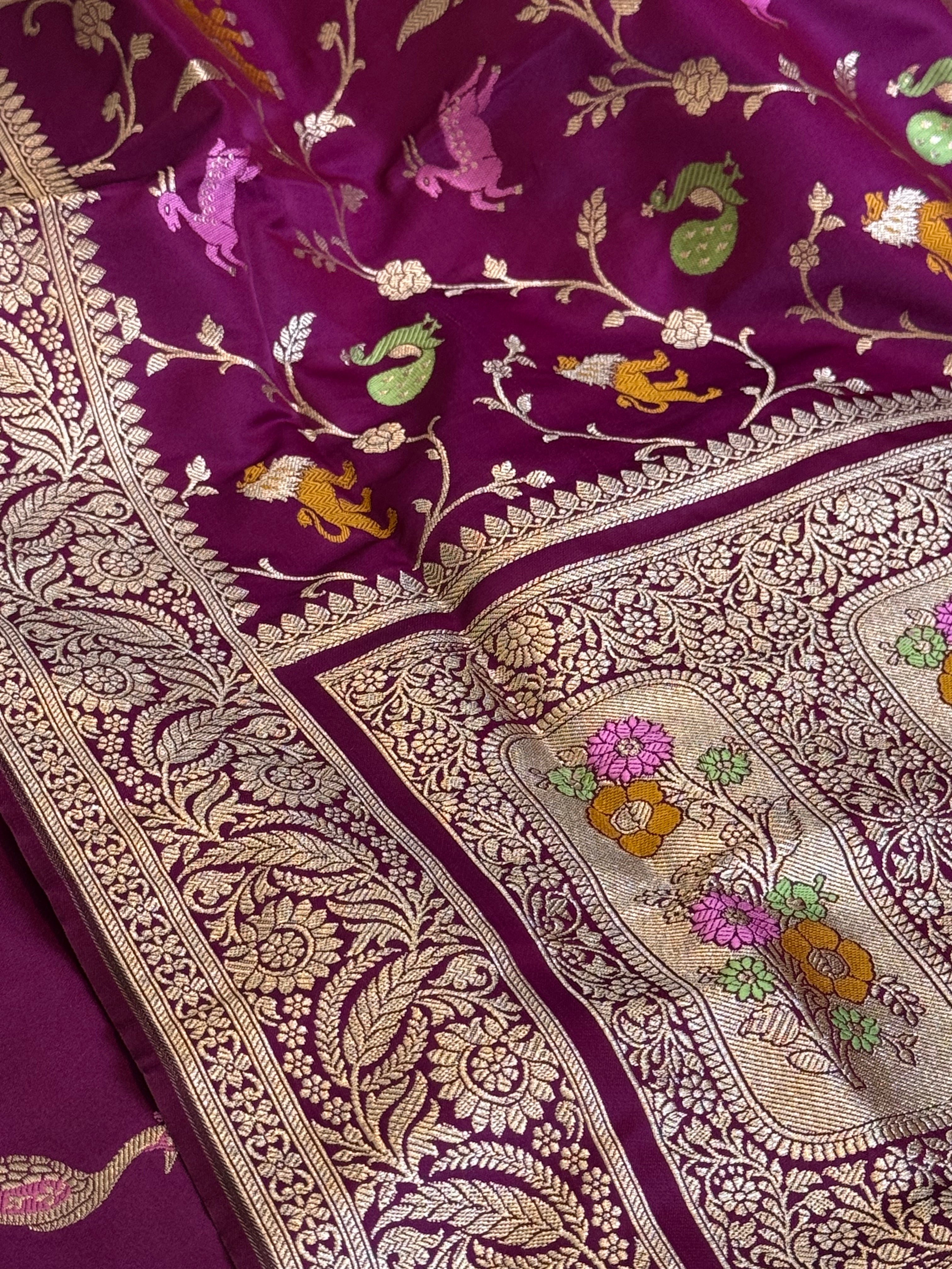 Deep purple mashru satin silk shikargah motif Banarasi silk suit set