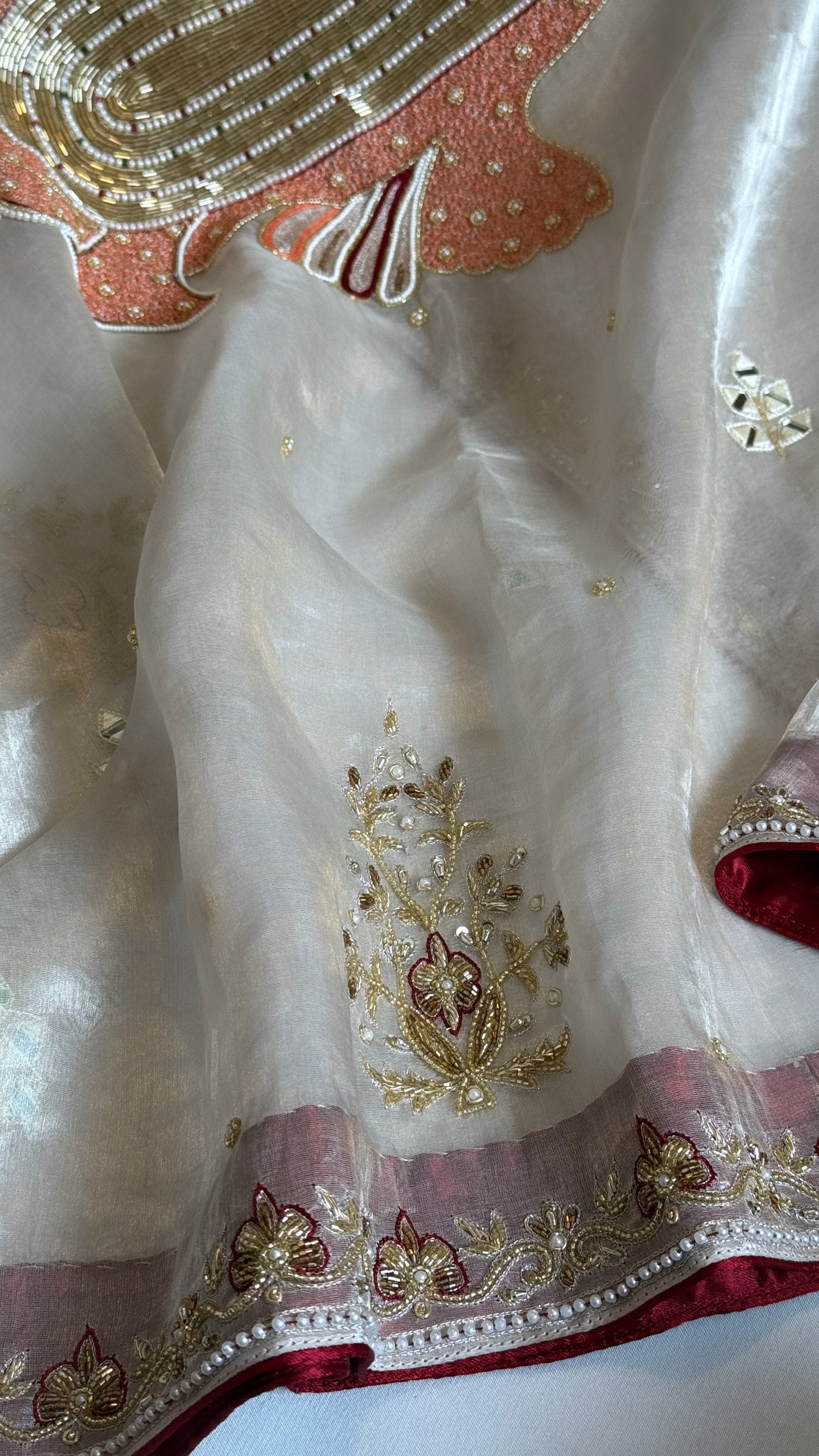 Radhika merchant inspired shreenathji motif diamond tissue silk hand embroidered saree