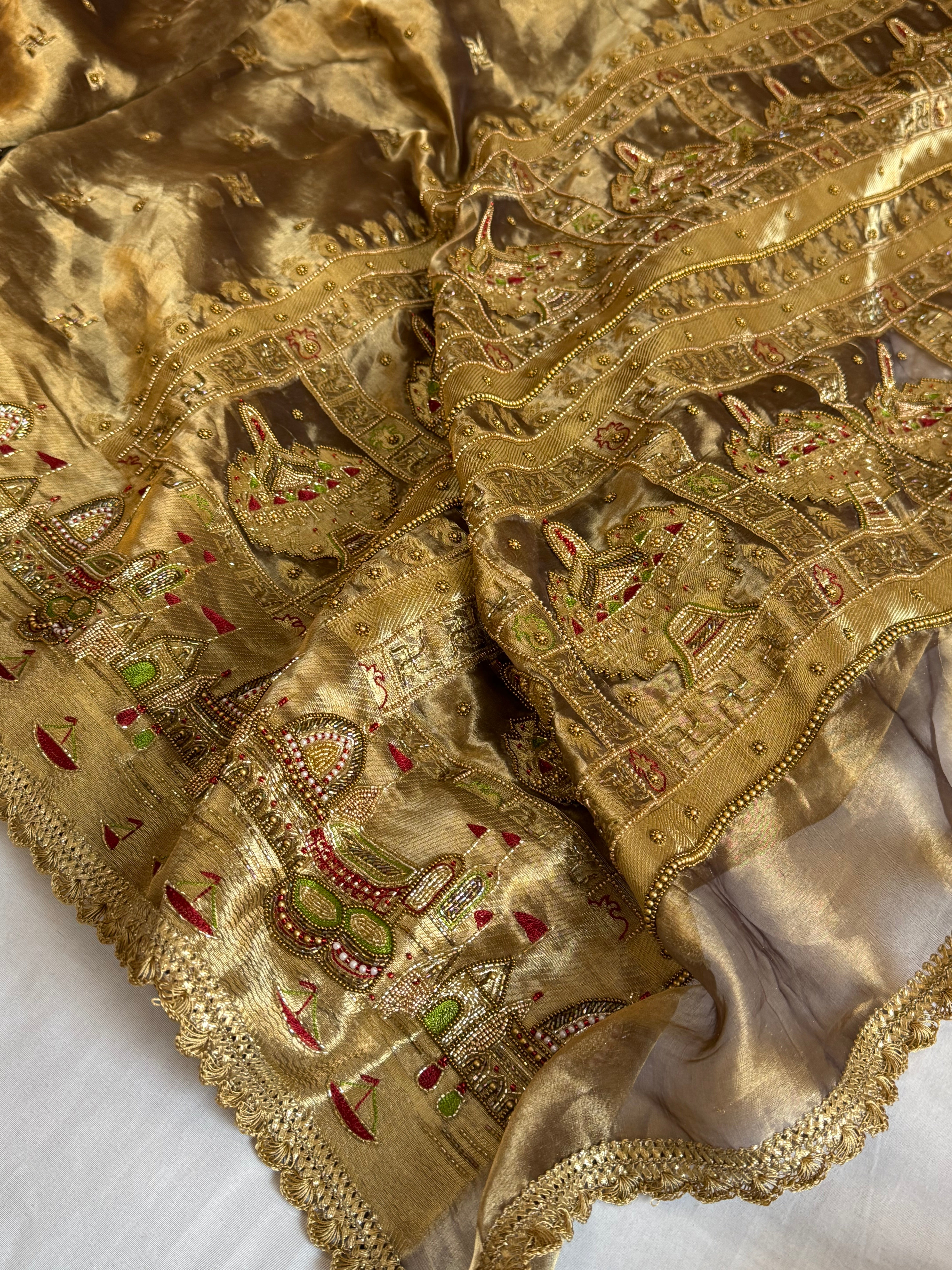 Gangaghat edit saree - Molten antique gold tissue silk meenakari hand embroidered kadhwa saree