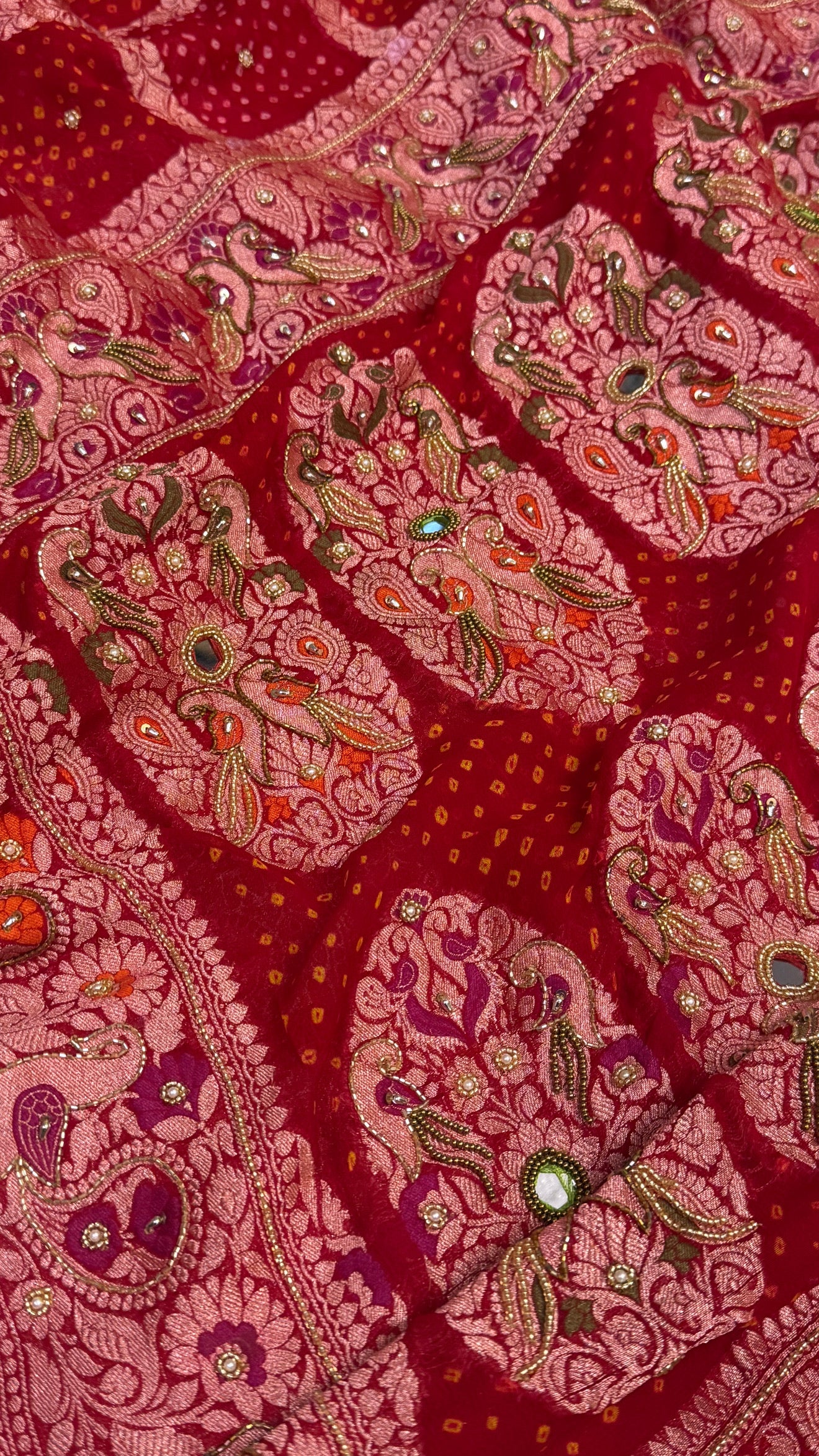 Red banarasi chiffon gorgette kadhwa hand embroidered gharchola weaving saree