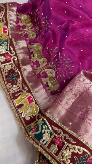 Husn shikargah edit magenta purple-pink tissue silk elephant motif hand embroidered saree