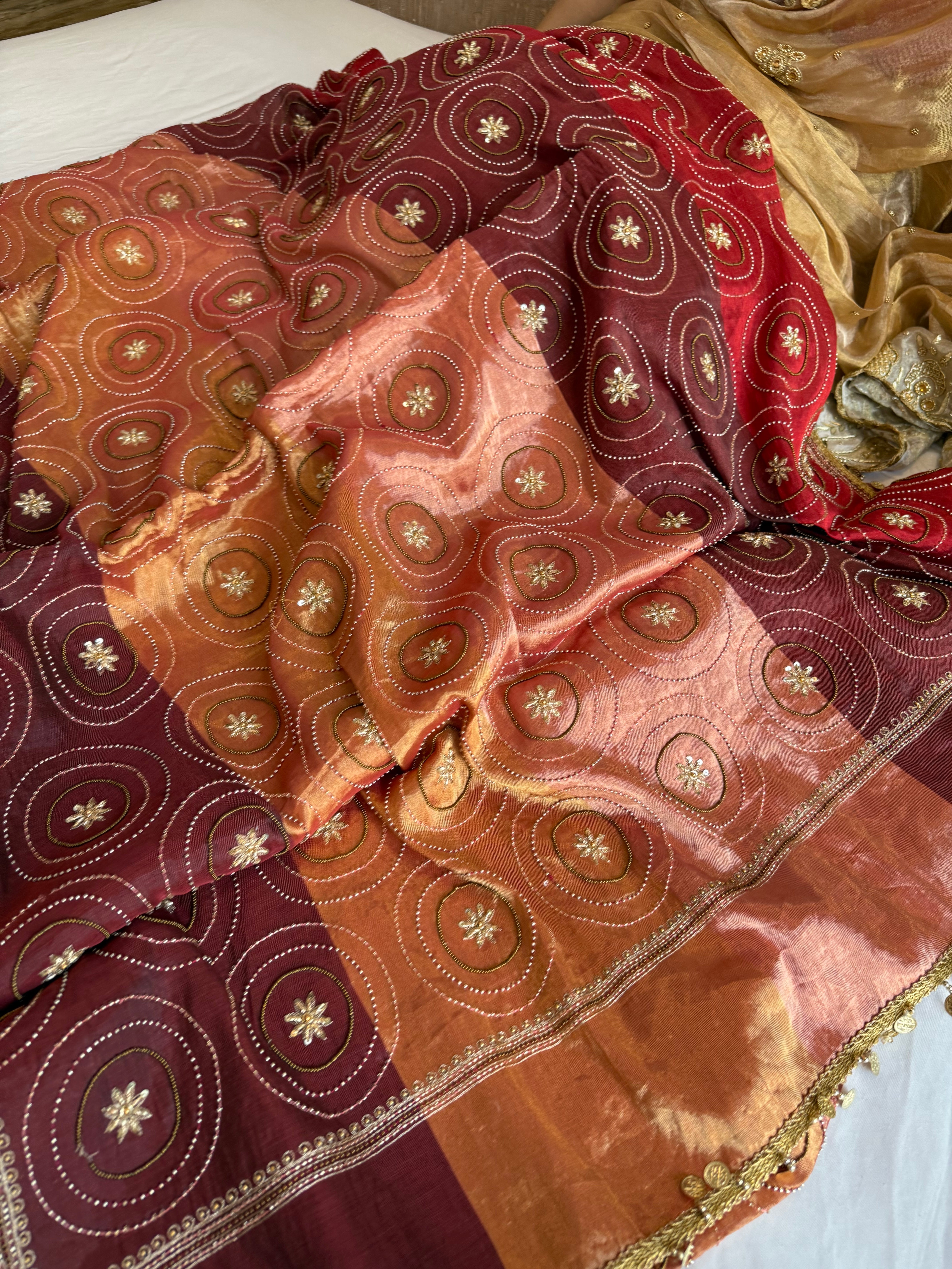 Multicolour double tissue silk heavy hand embroidered kadhwa jaal saree