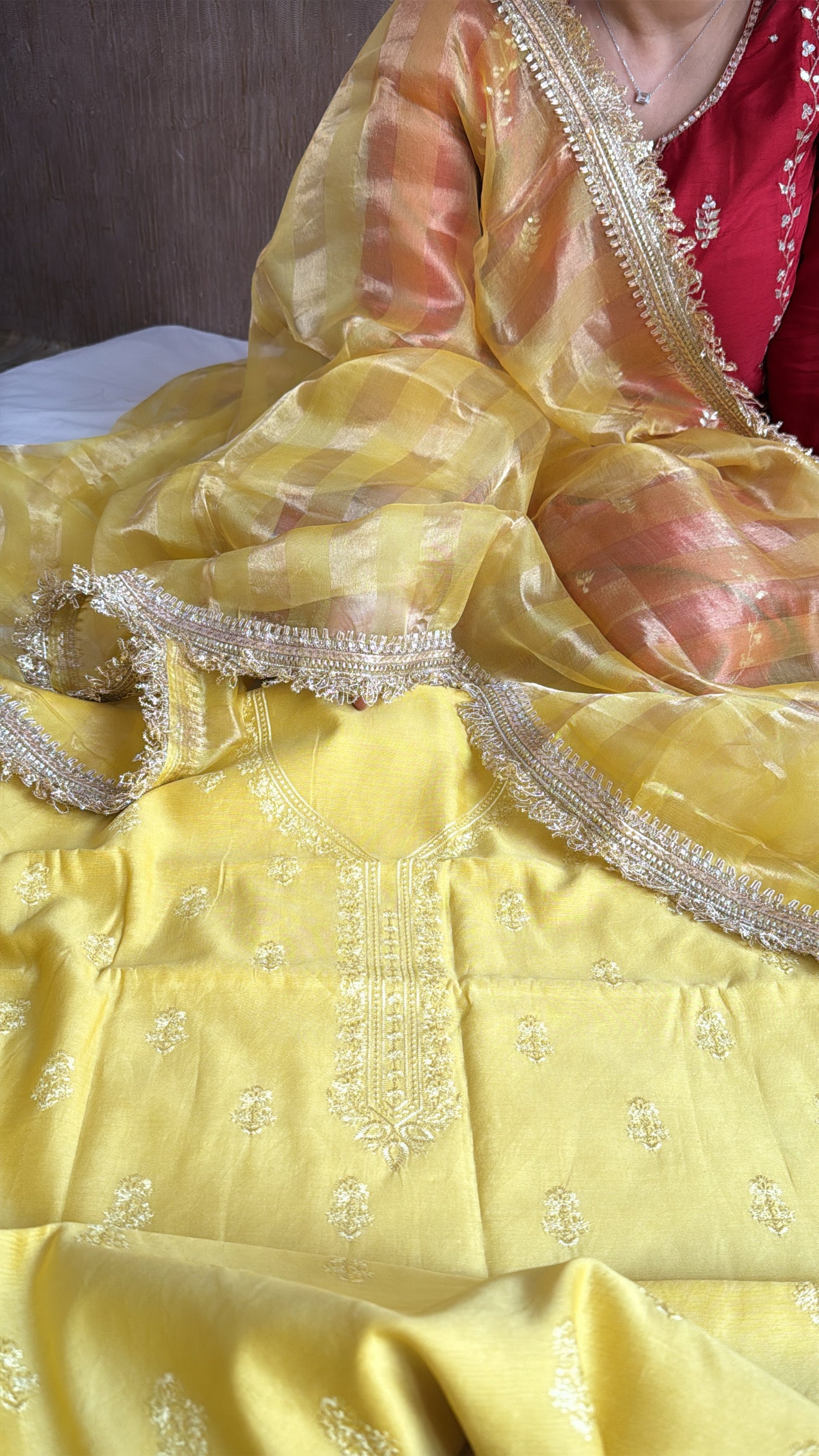 Banarasi cotton silk hand embroidered kurta paired with kora tissue striped duppata set