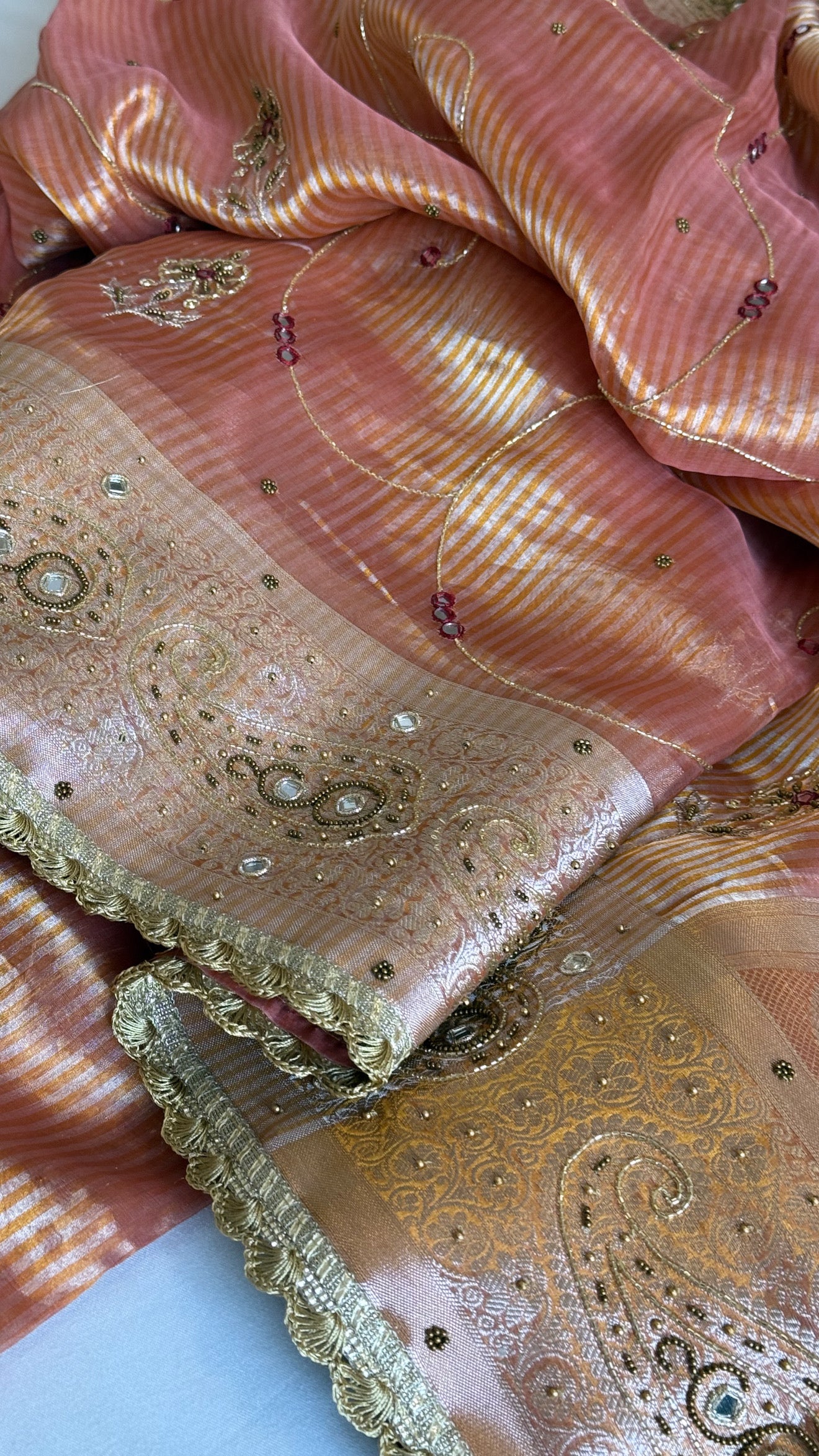 Begum bano Mirror work ambi motif peach striped tissue silk hand embroidered saree