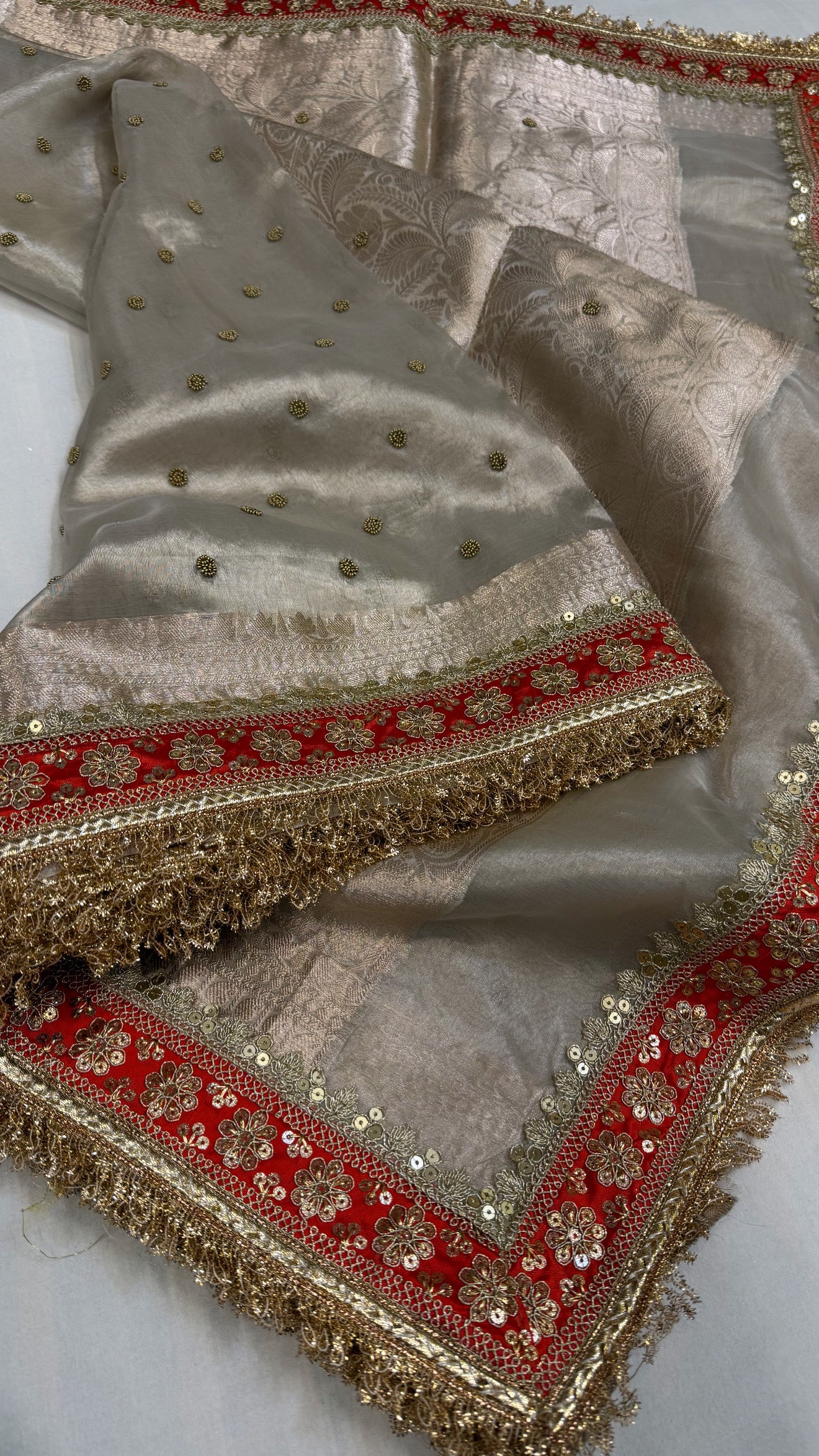 Diamond tissue silk chunri buti hand embroidered panetar saree