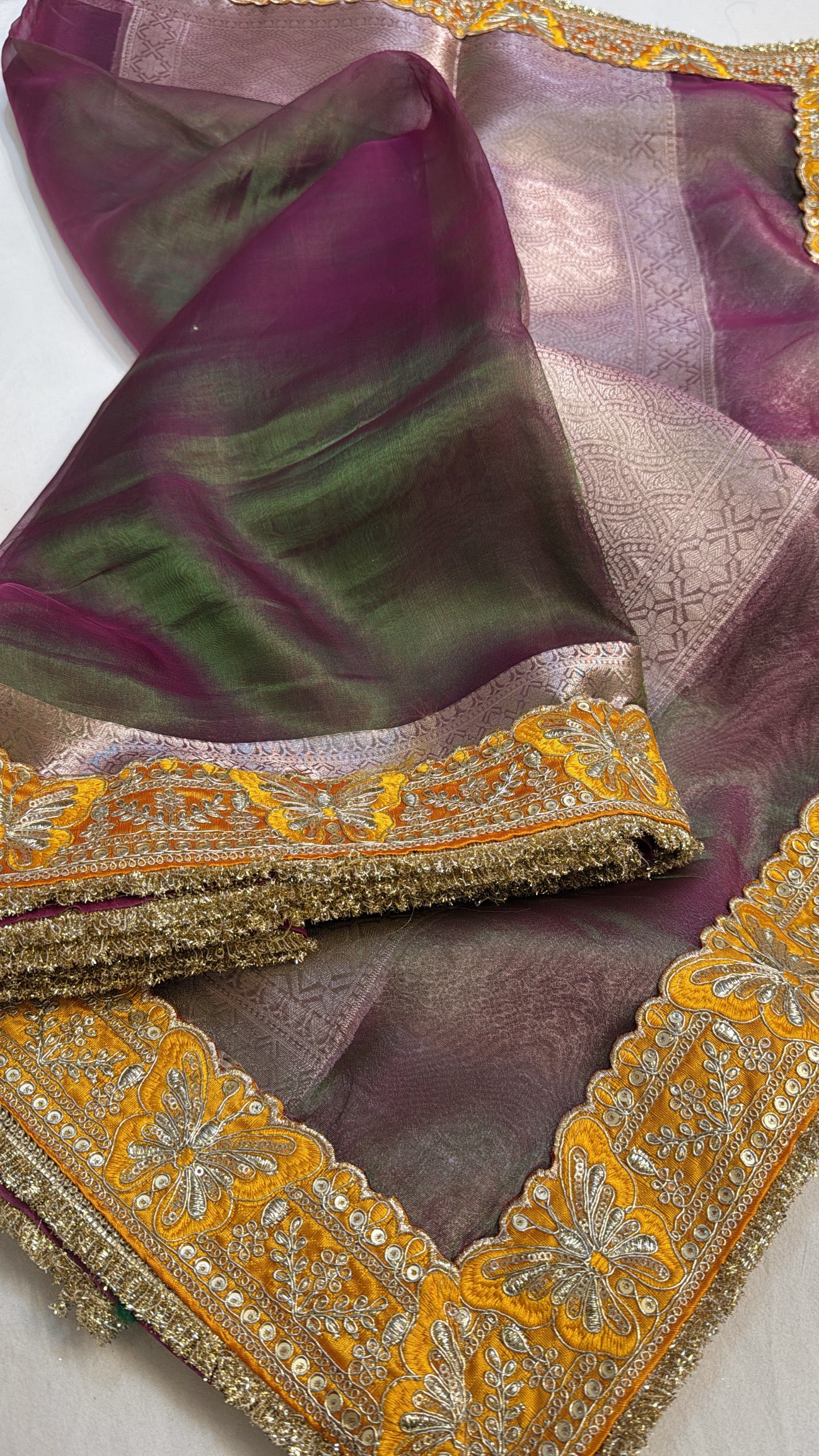 Mehendi green-pink dhup chao effect tissue silk kadhwa saree