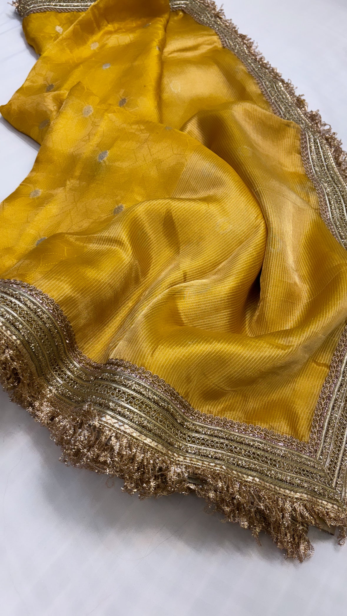 Maharani haldi yellow tissue silk tanchoi kadhwa saree
