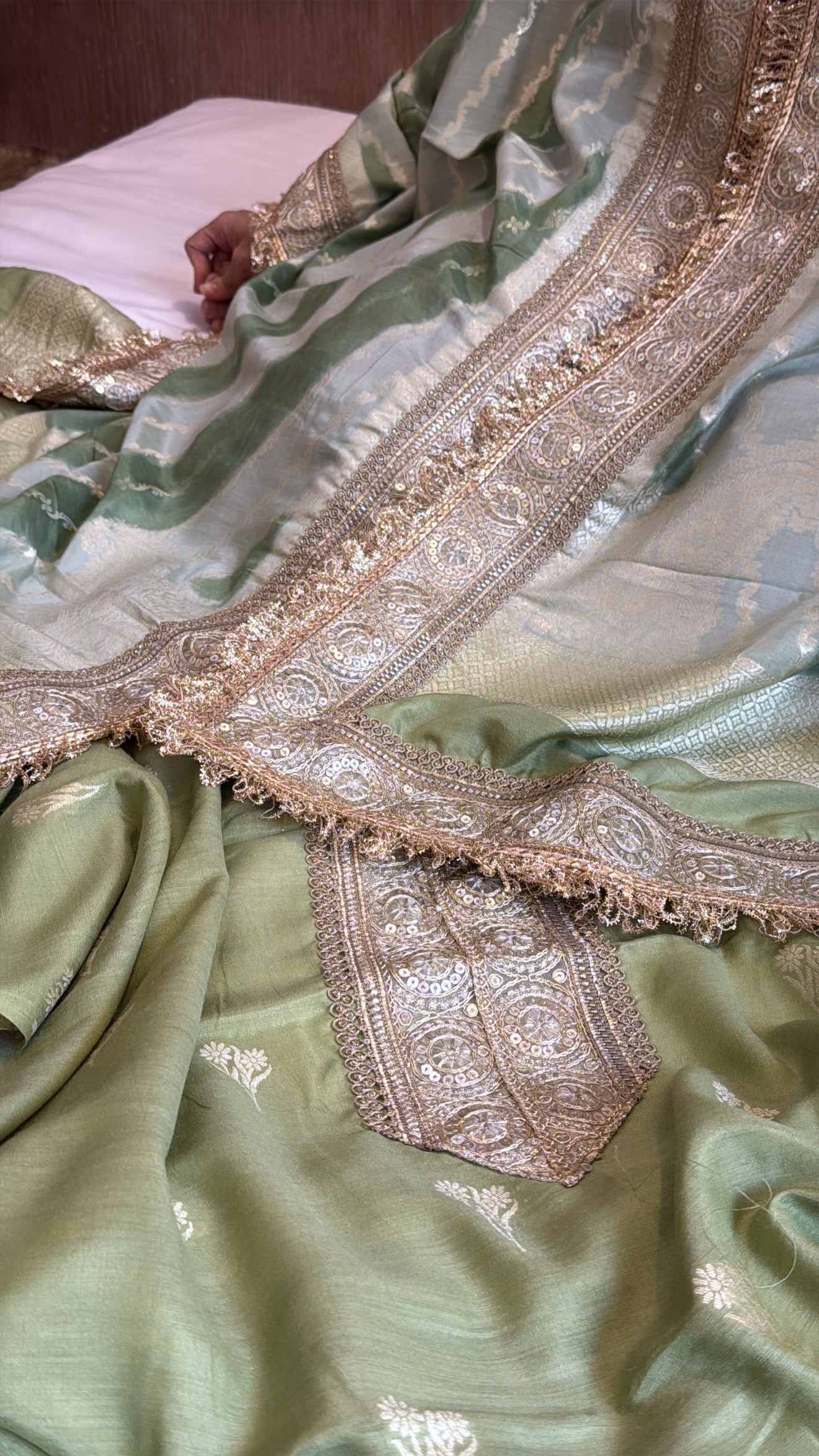 Sage green moonga silk rangkaat dye chaukadi weaving kadhwa suit set