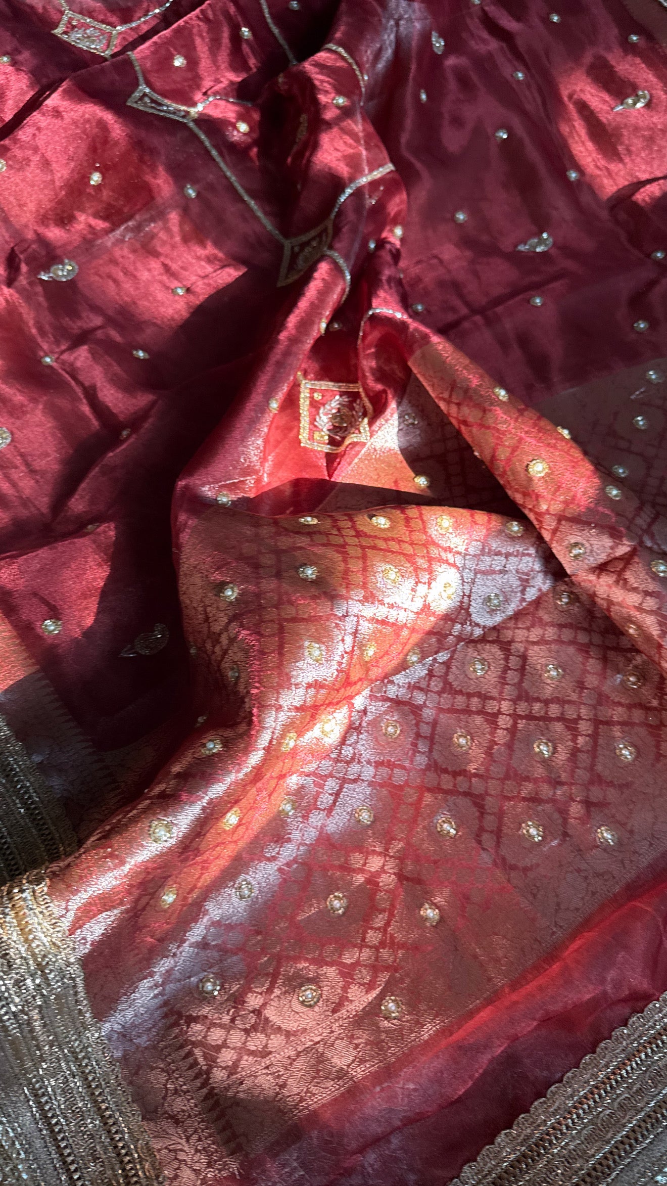 Teej special - Husn brick red tissue silk hand embroidered kadhwa saree