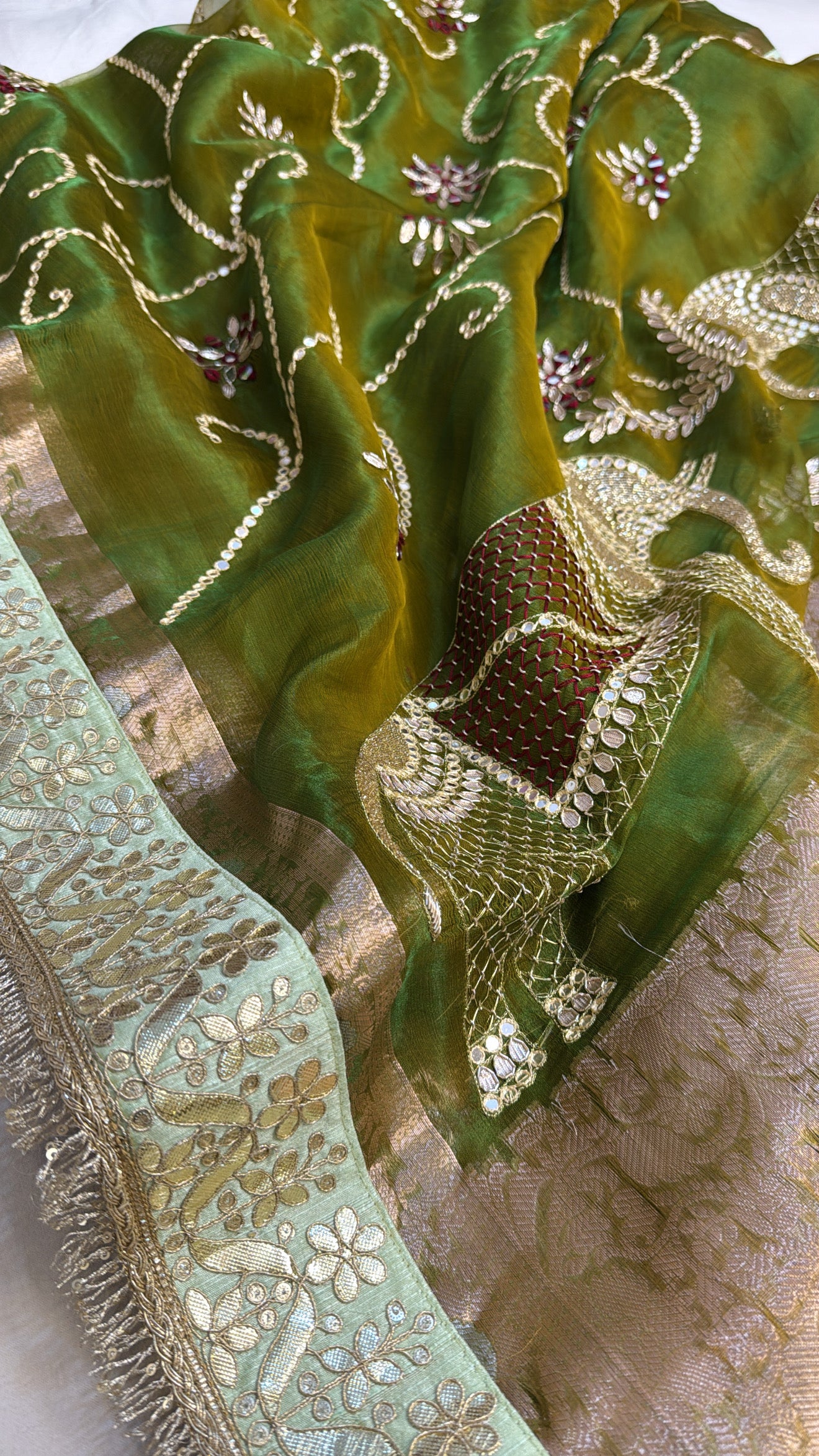Mehendi green elephant motif heavy mirror work hand embroidered kadhwa saree
