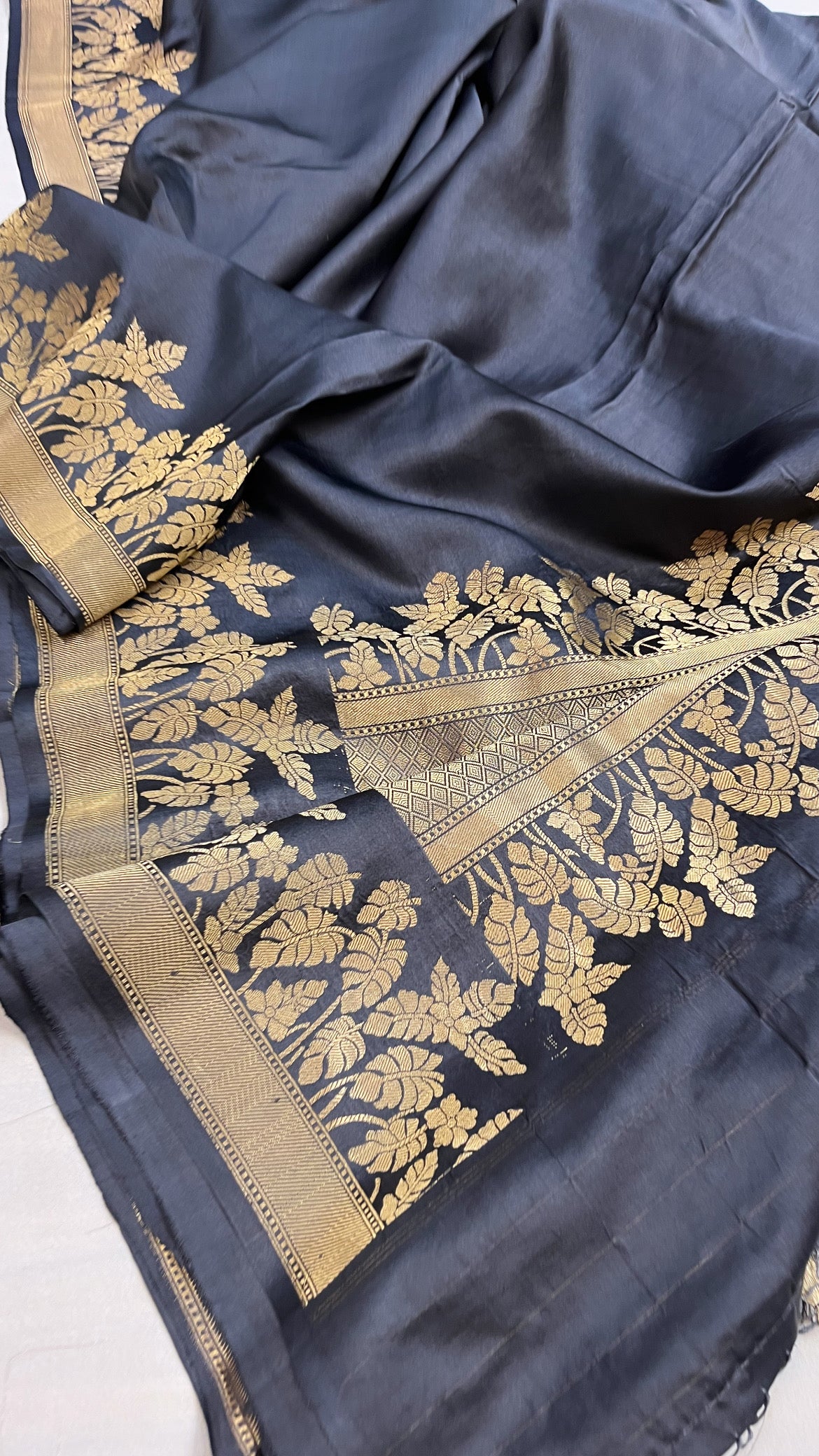 English navy blue banarasi mashru silk kadhwa border saree