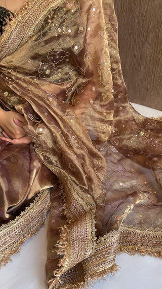 Printed tissue silk kadhwa hand embroidered gotapatti saree