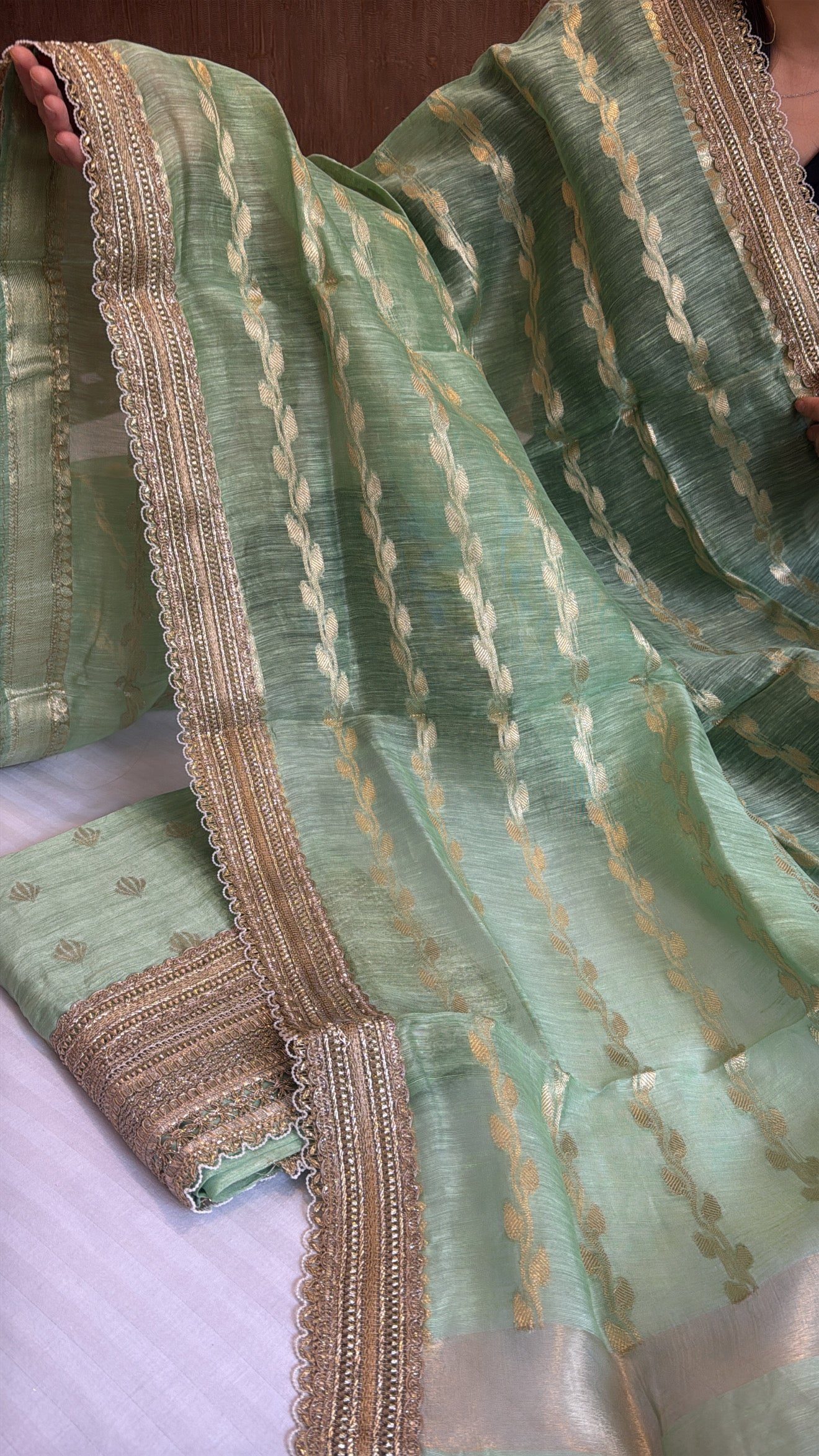 Mint soft green linen gorgette gotapatti suit set