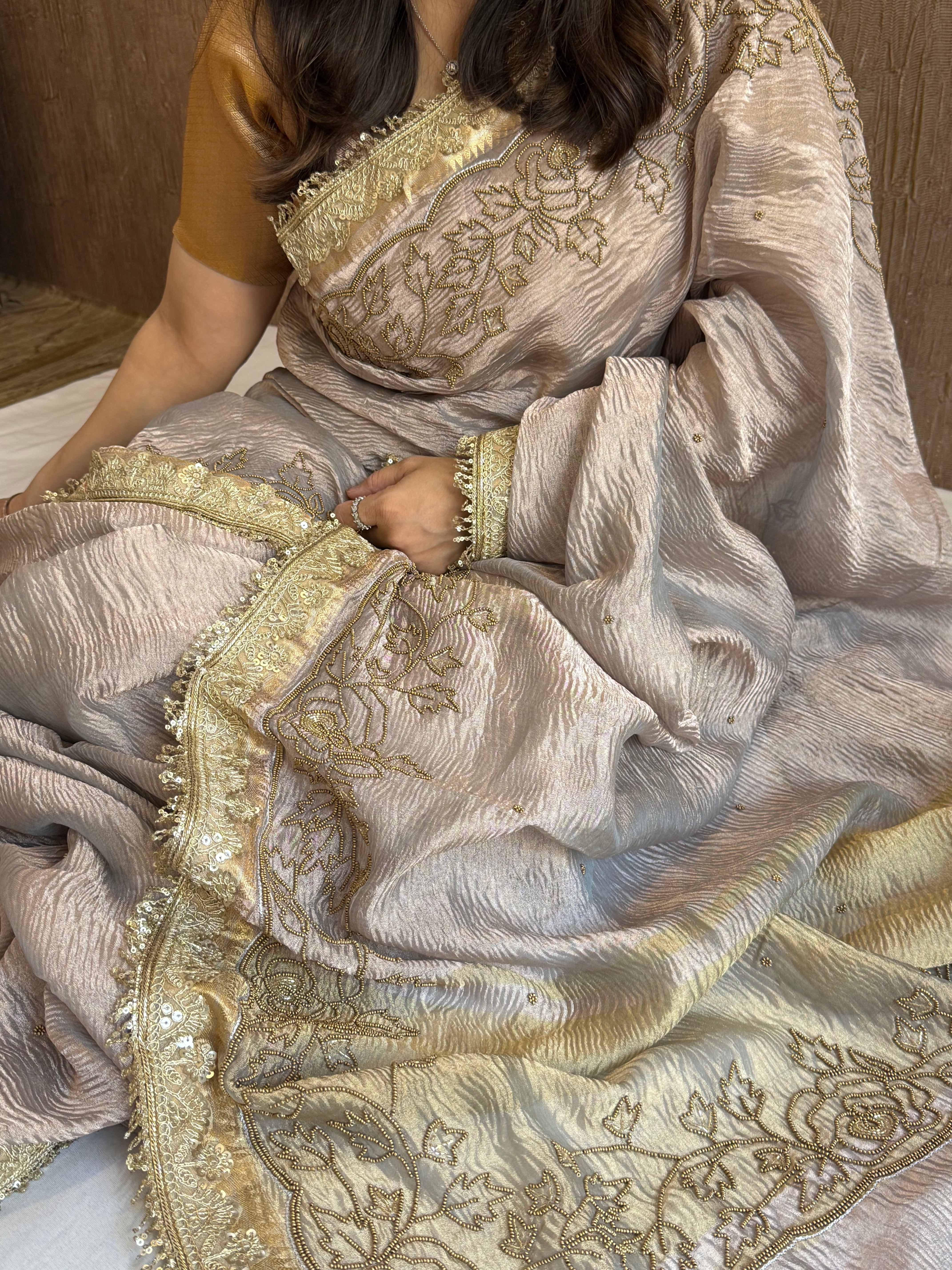 Dusty lilac husn crushed tissue silk hand embroidered kadhwa saree