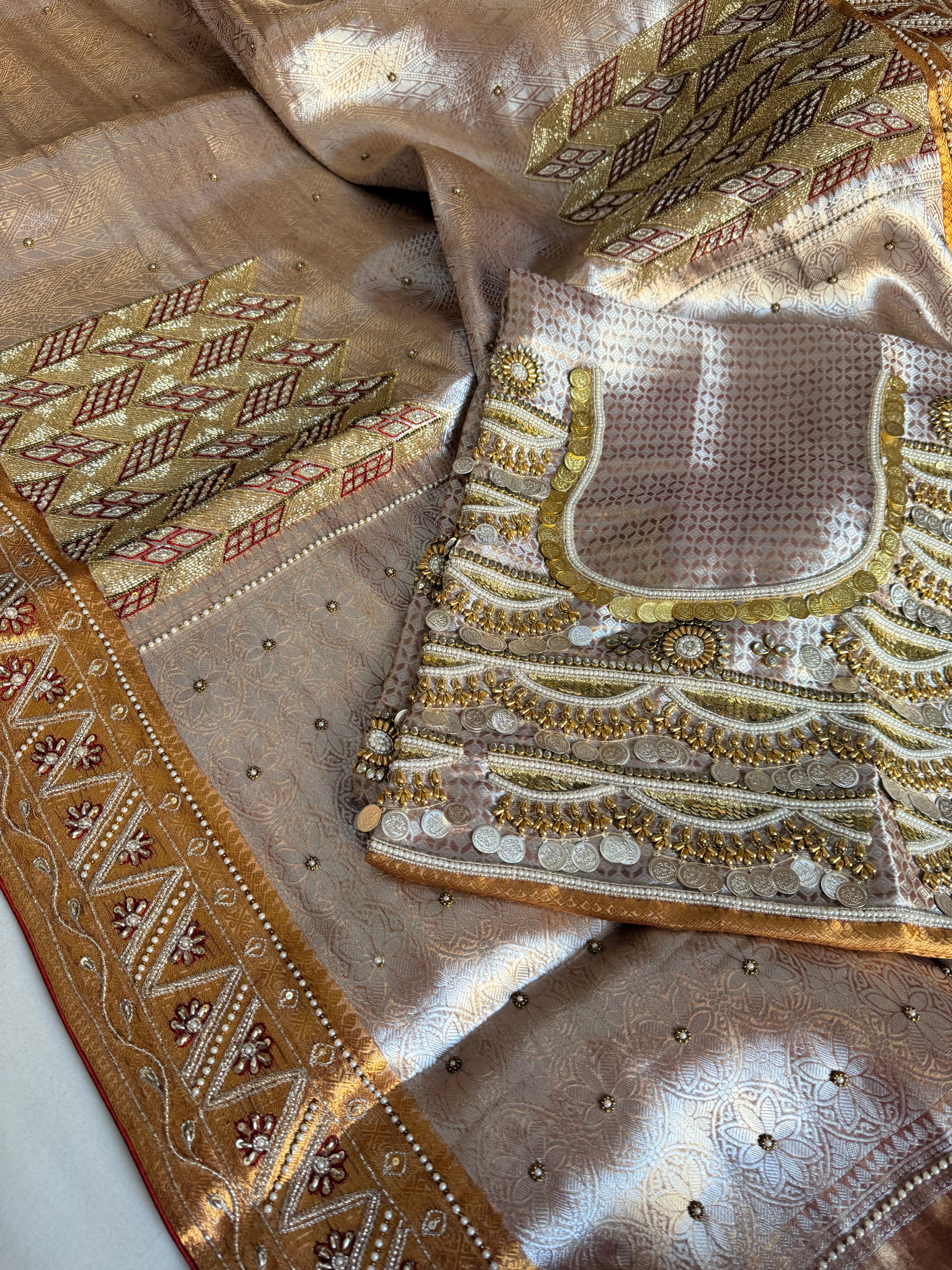 Kanjivaram tissue edit - Tissue brocade hand embroidered saree with jadauwork blouse