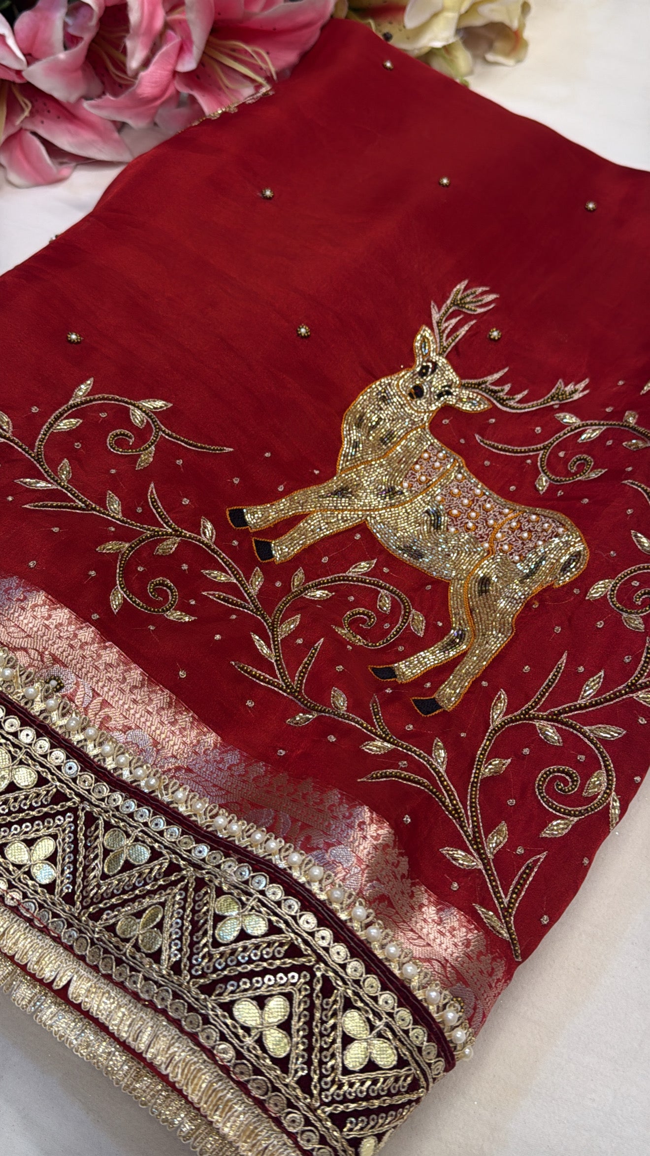 Blood red deer motif husn tissue silk hand embroidered kadhwa saree