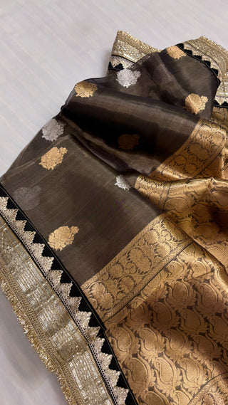 Maharani metallic grey tissue silk kadhwa buti saree