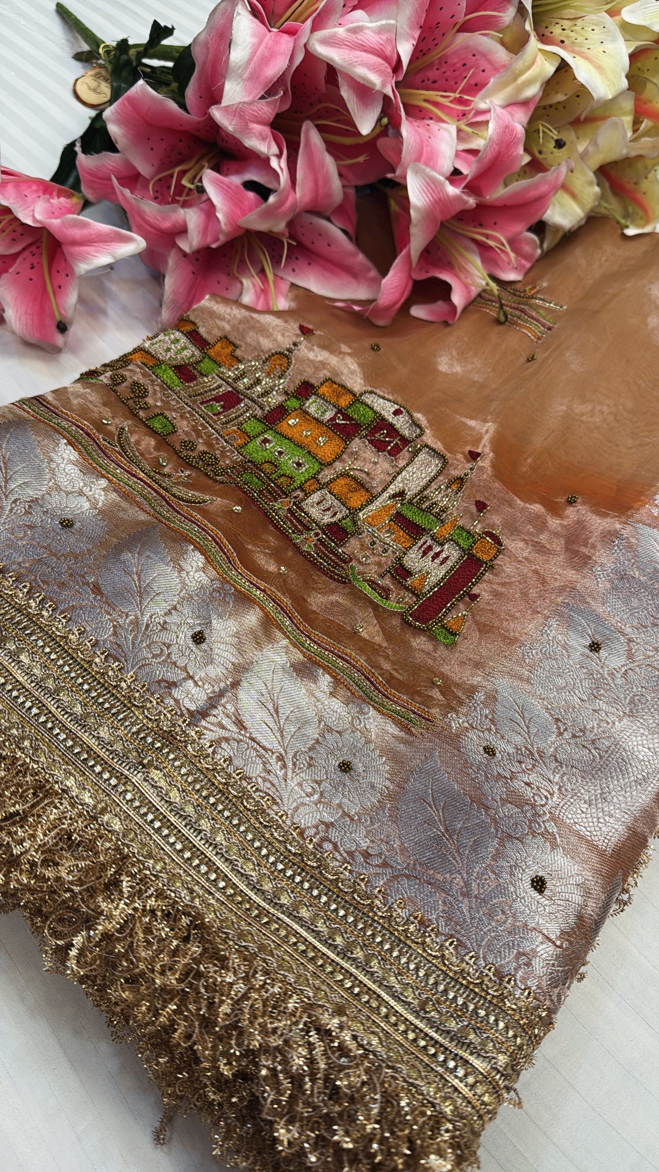 Wedding edit - Husn Chuski orange banarasi ghat motif tissue silk hand embroidered saree