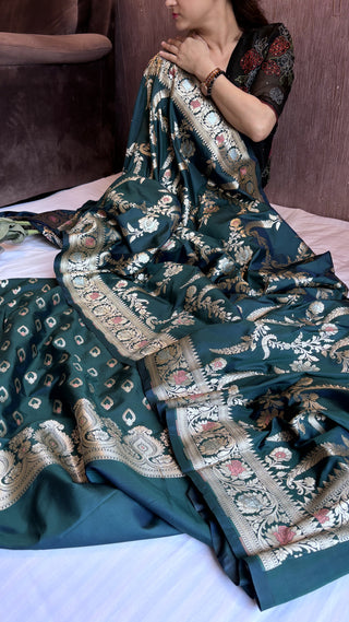 Bottle green banarasi mashru silk suit set