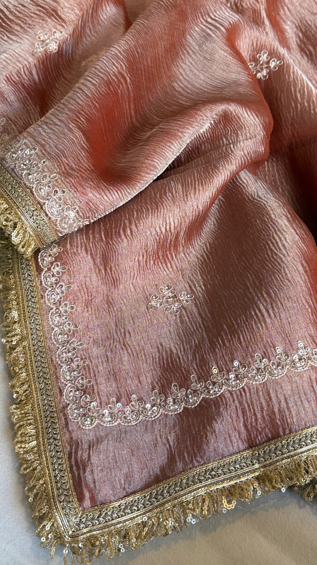 Crushed rose peach tissue silk hand embroidered kadhwa saree