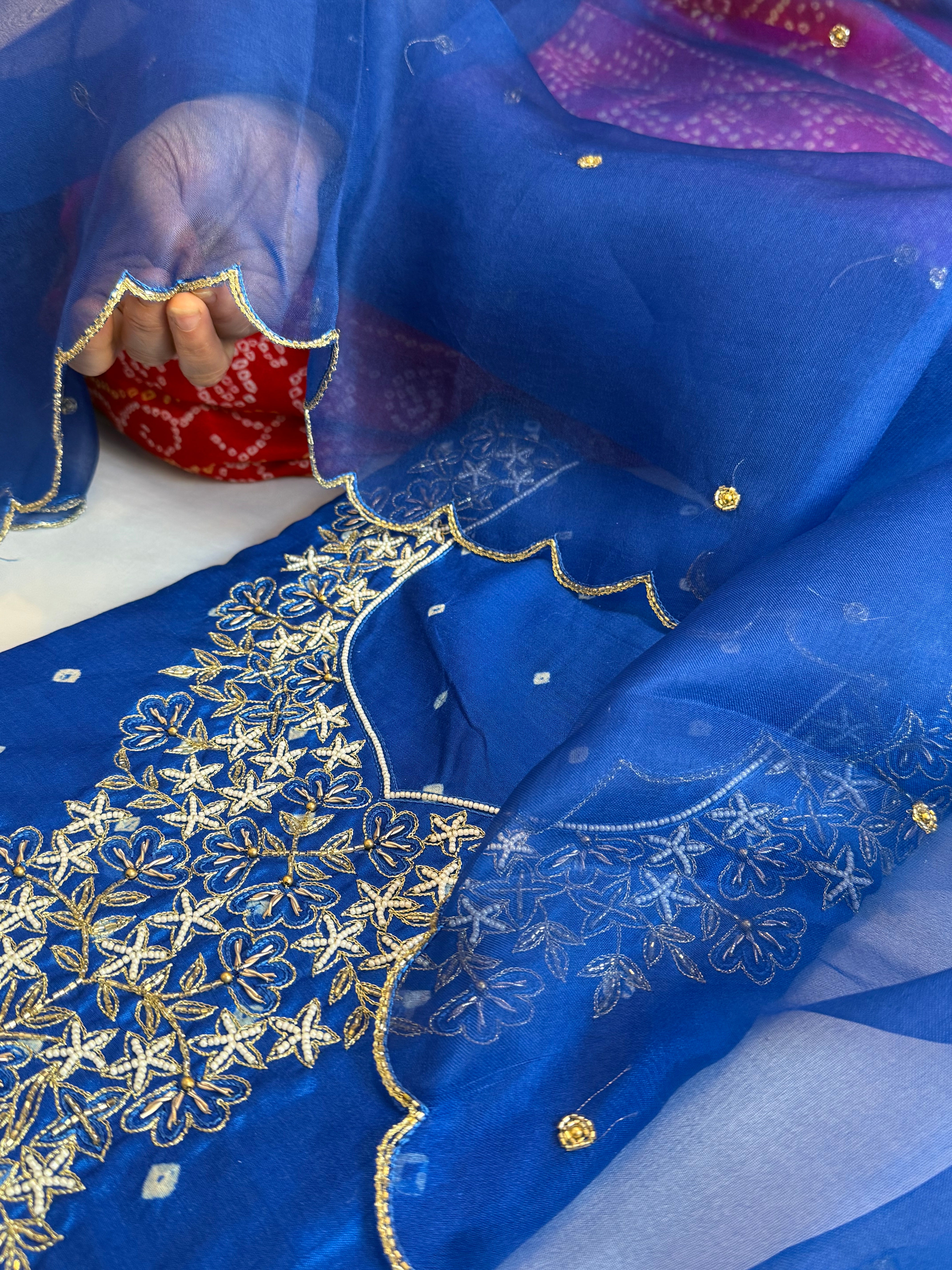 Electric blue raw mango bandhej hand embroidered kadhwa suit set