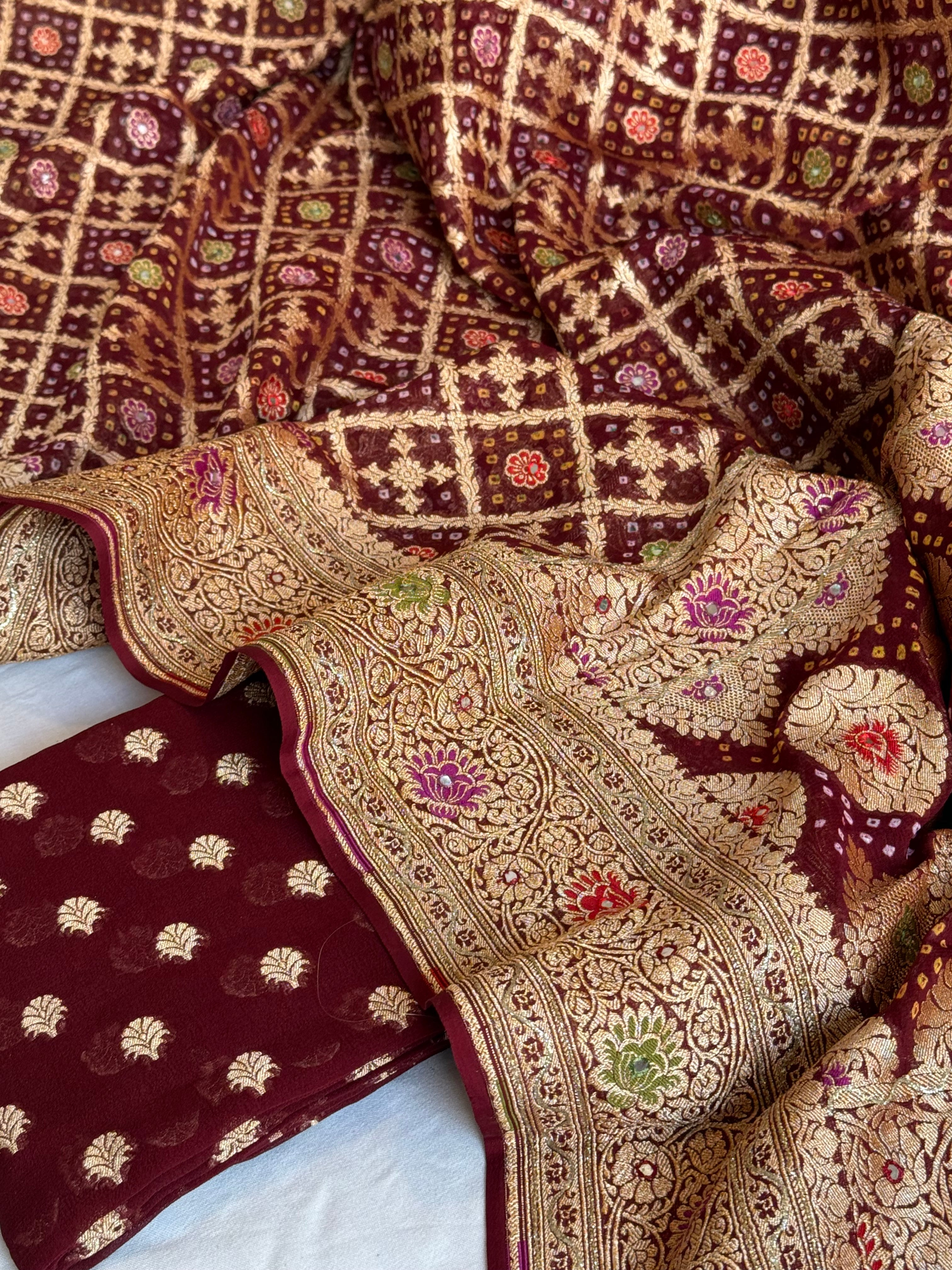 Mirror and dori work deep bergundy banarasi bandhej gorgette kadhwa suit sets