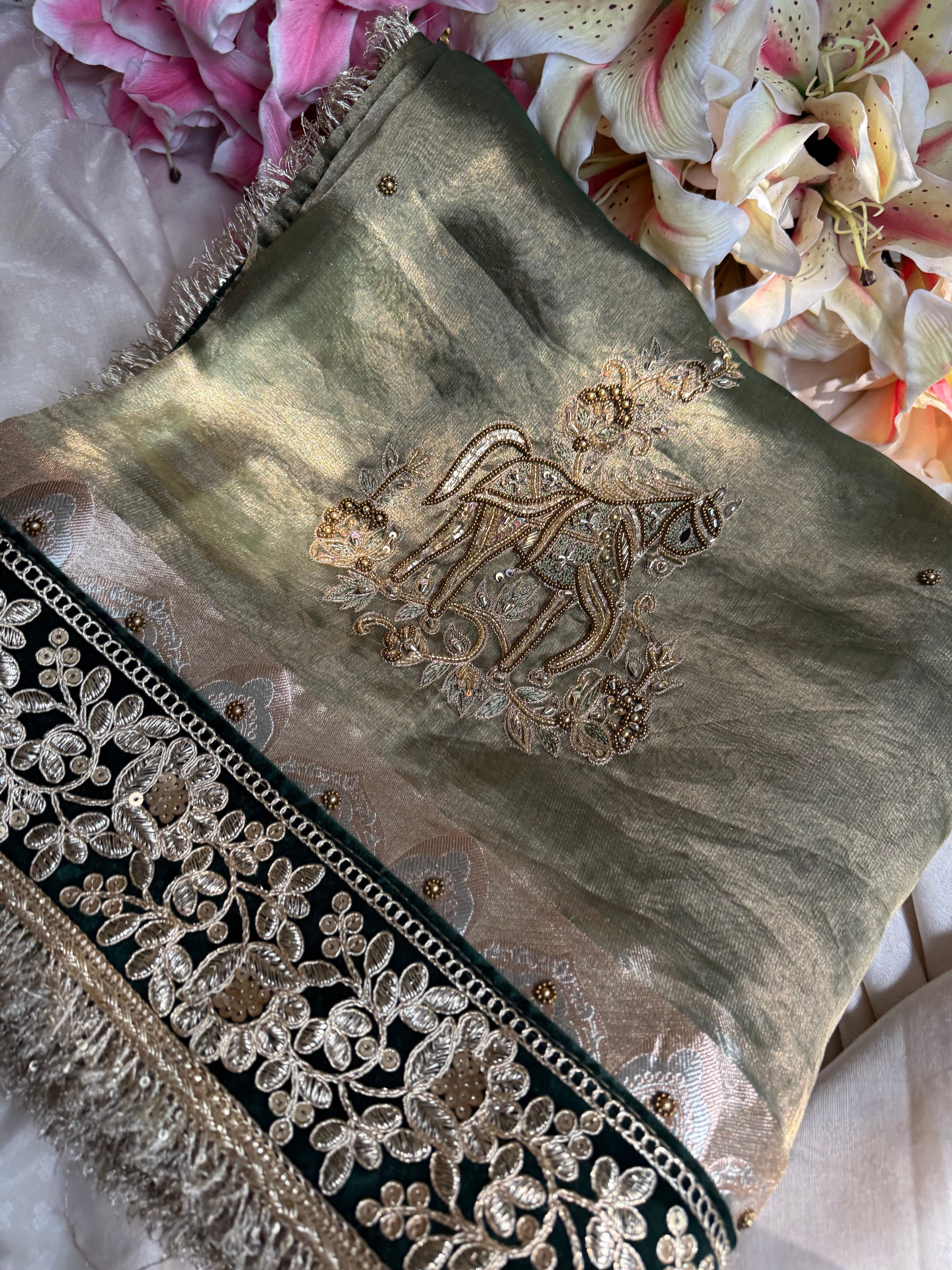 सुनहरा घोड़ा-  Royal horse motif tissue silk mint green hand embroidered saree