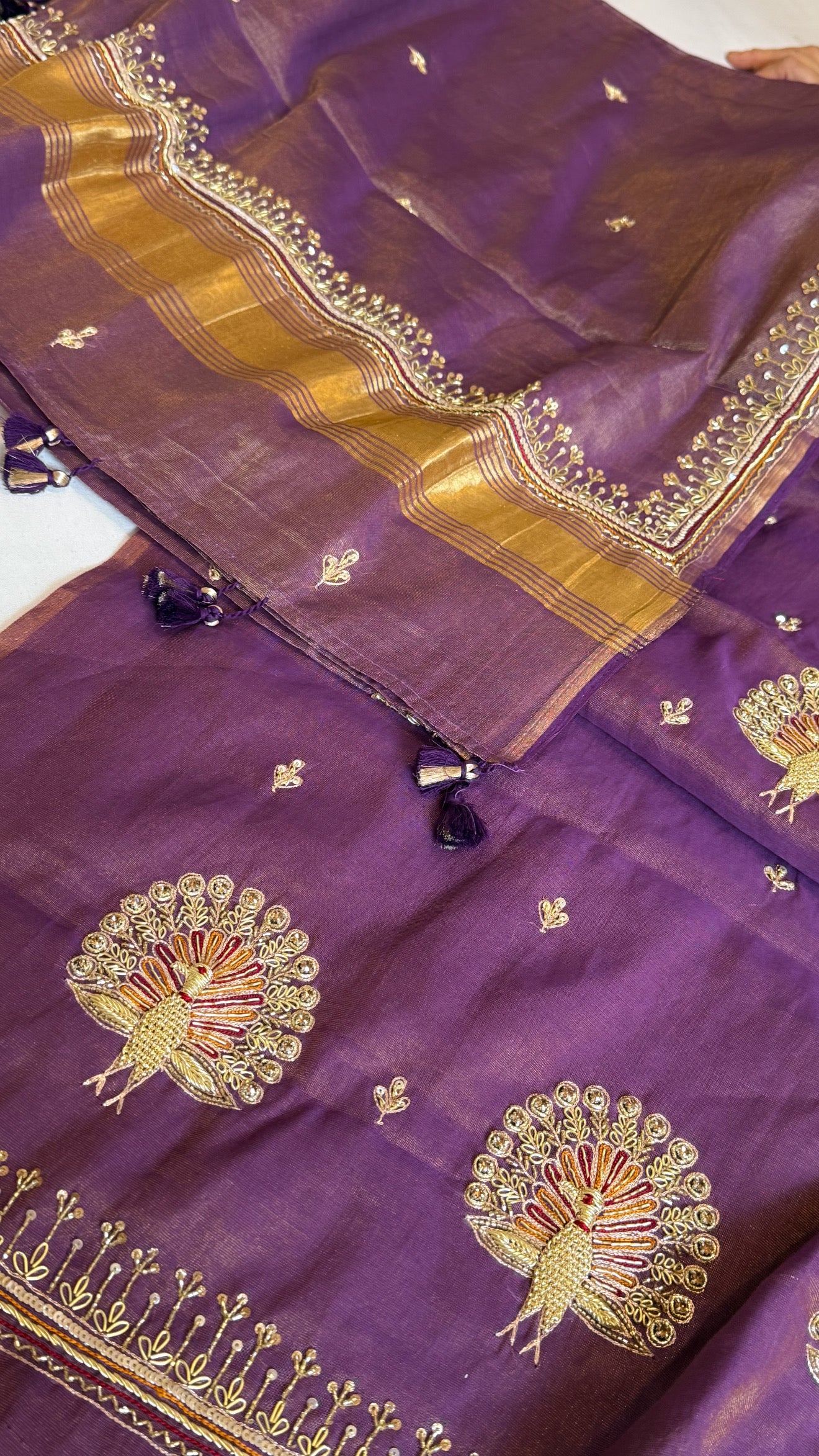 Deep purple mul cotton tissue silk hand embroidered kadhwa suit sets