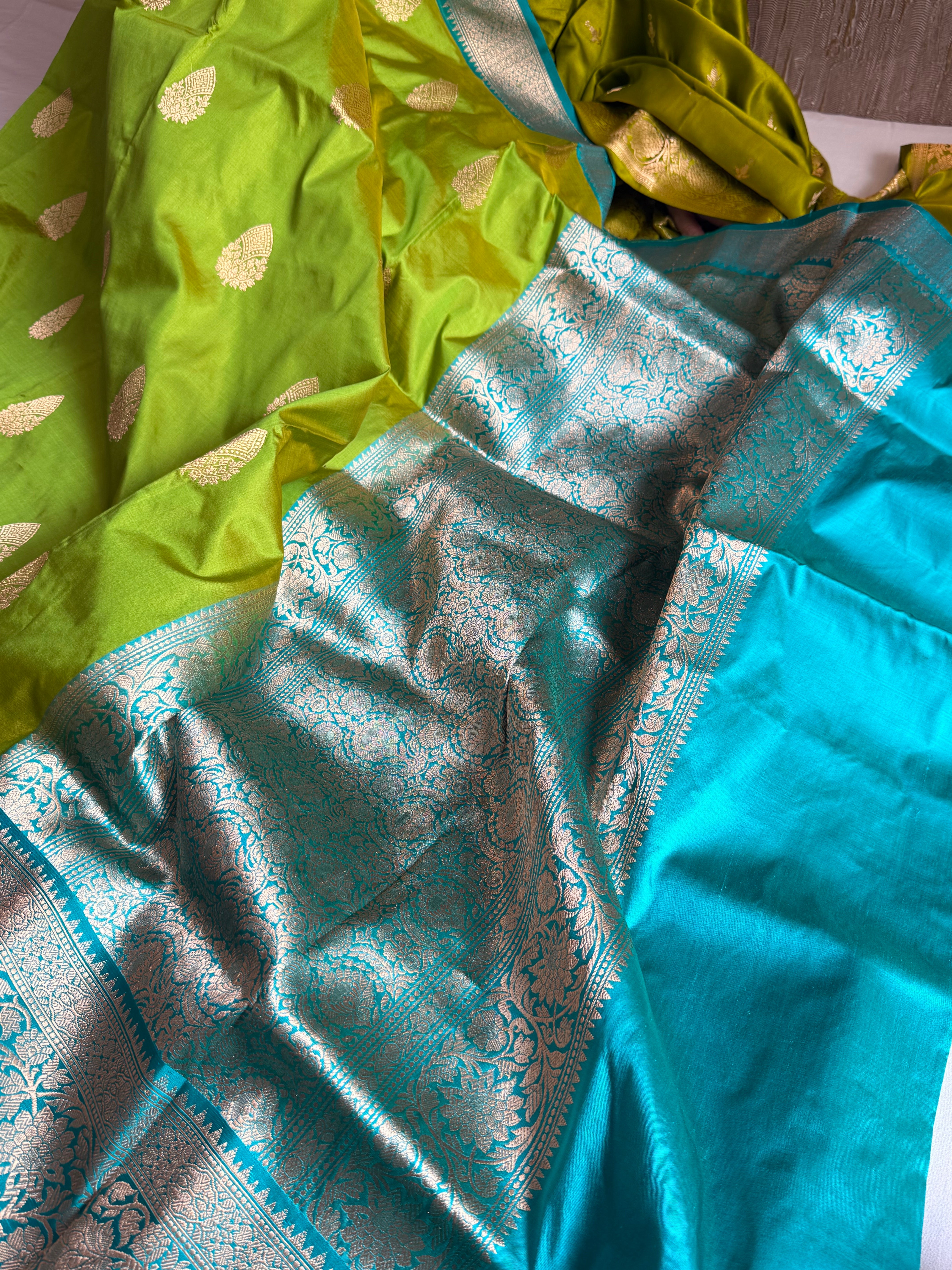 Grass green-firozi blue contrast combination katan silk kadhwa saree