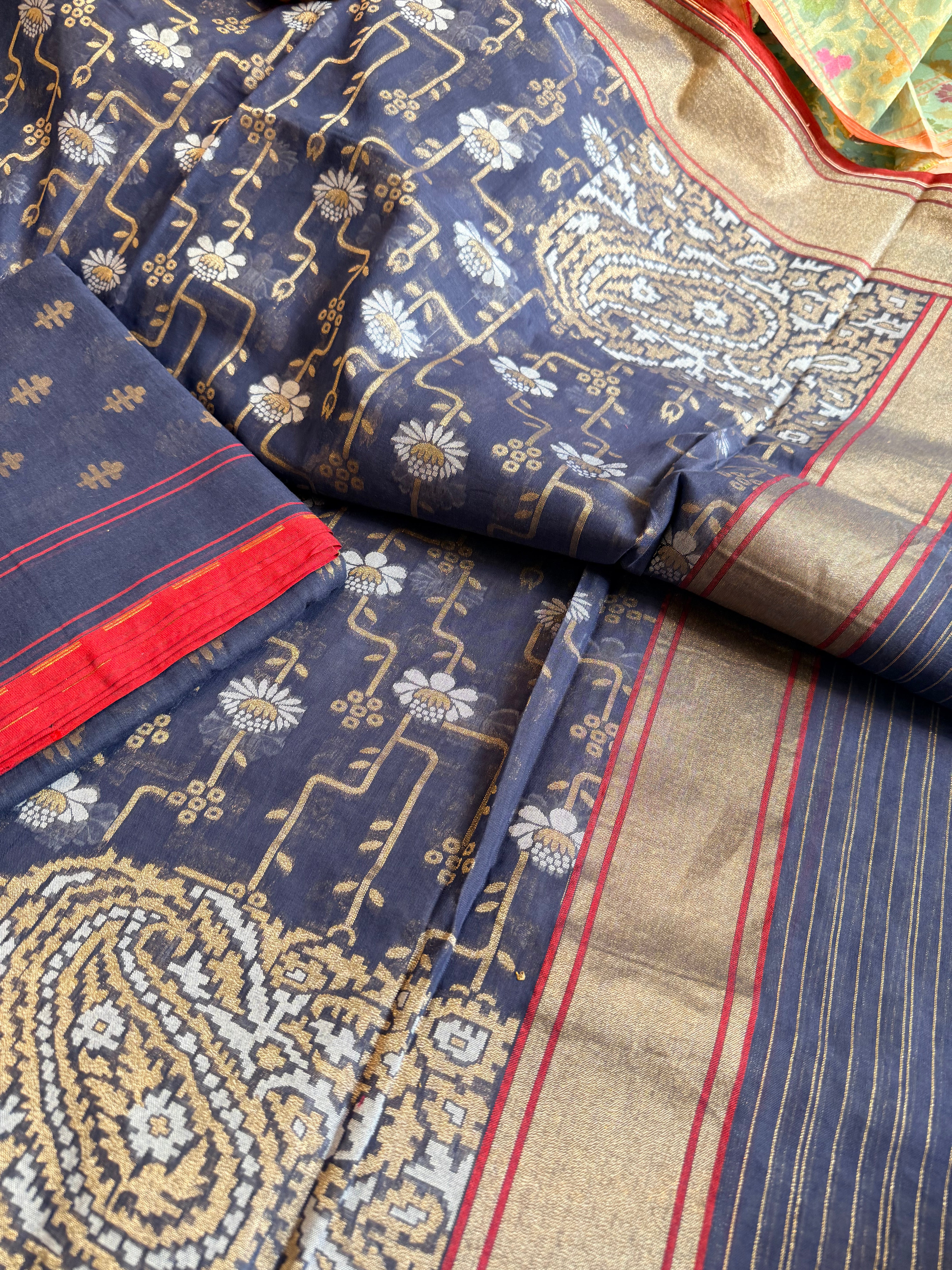 Banarasi iktara cotton jamdani navy blue sona rupa kadhwa suit set