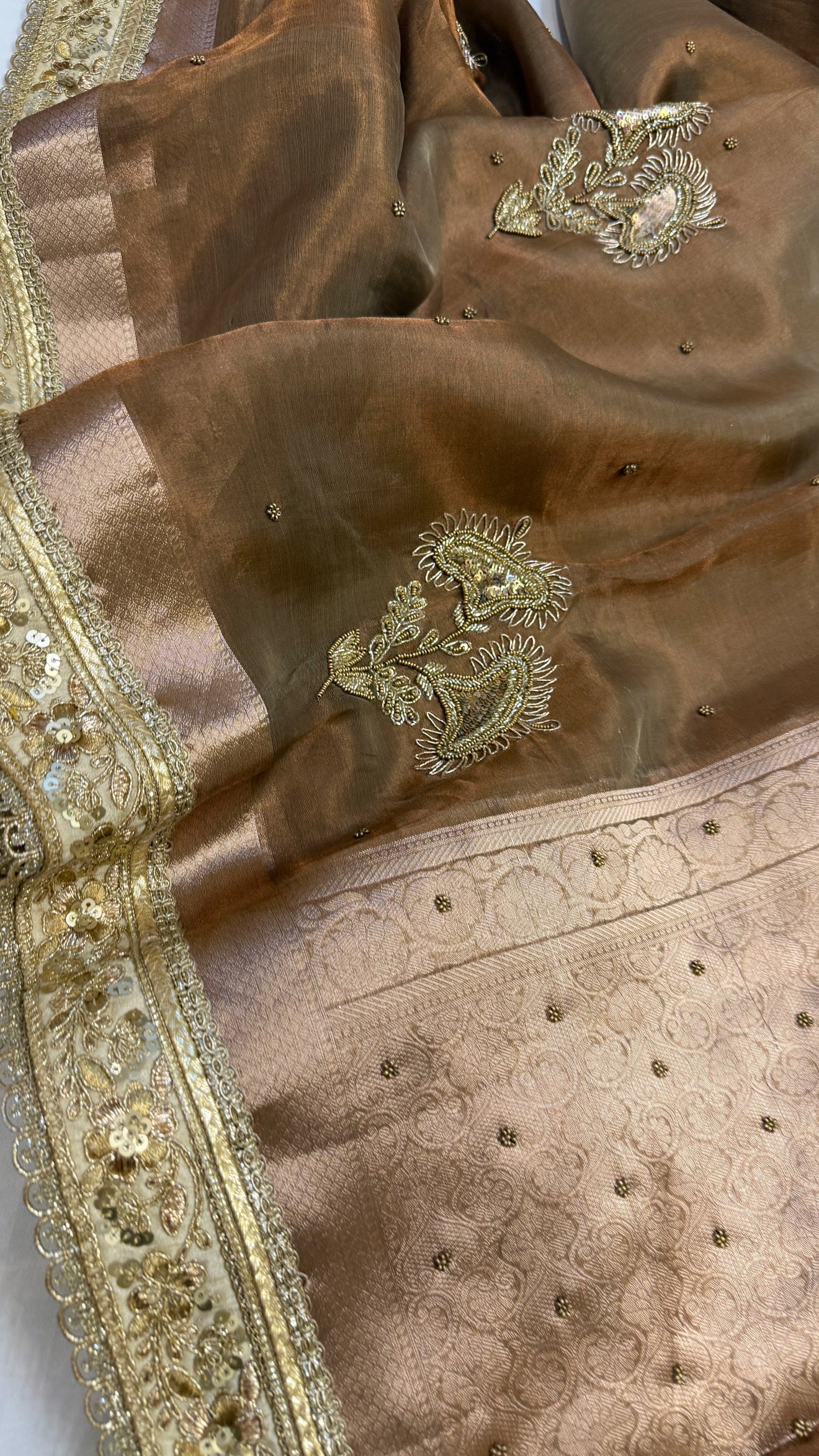 Cocktail wali saree - Dusty beige tissue silk heavy hand embroidered saree