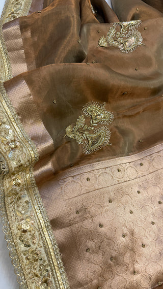 Cocktail wali saree - Dusty beige tissue silk heavy hand embroidered saree