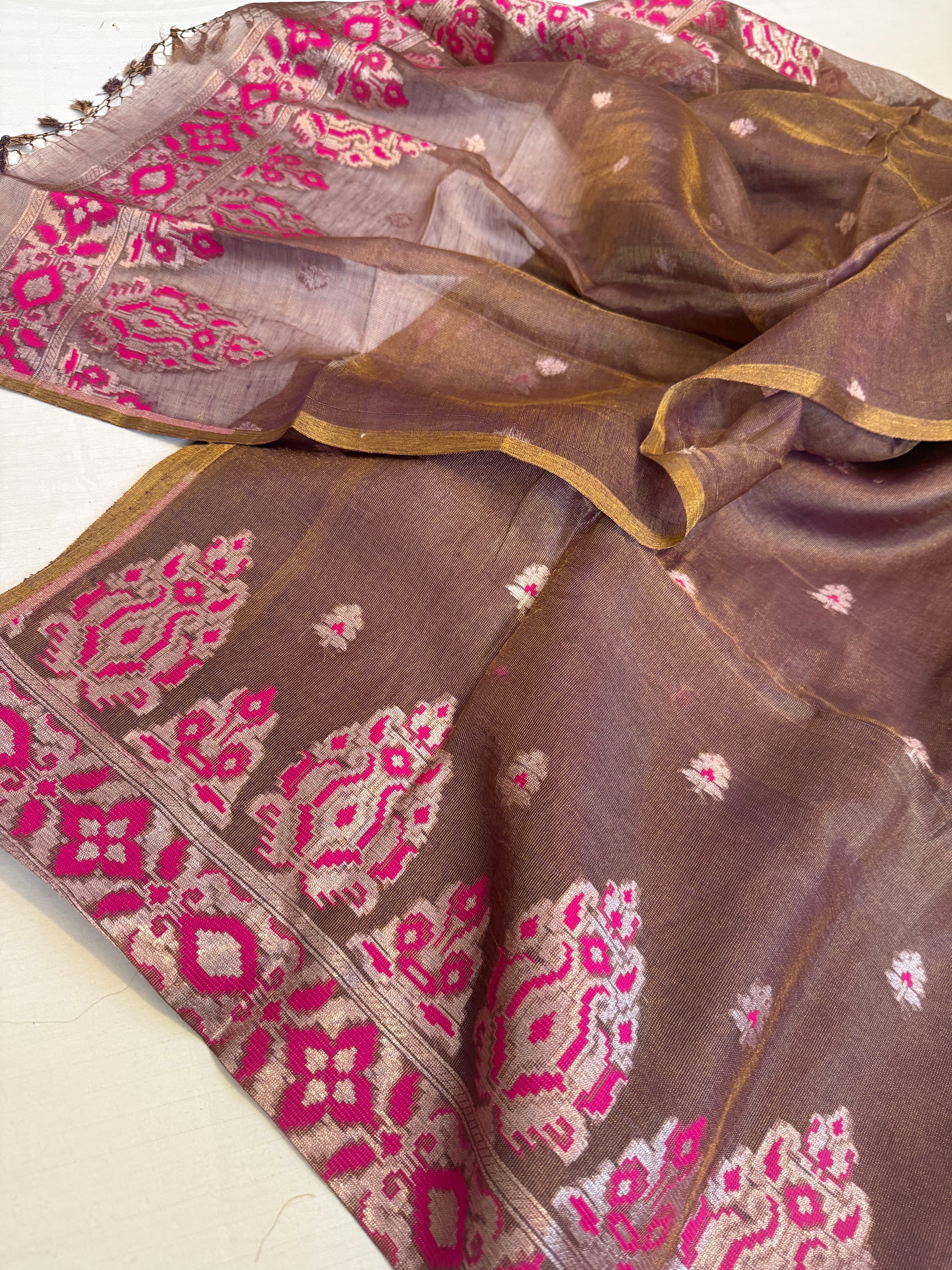 Linen tissue meenakari rose brown kadhwa suit sets