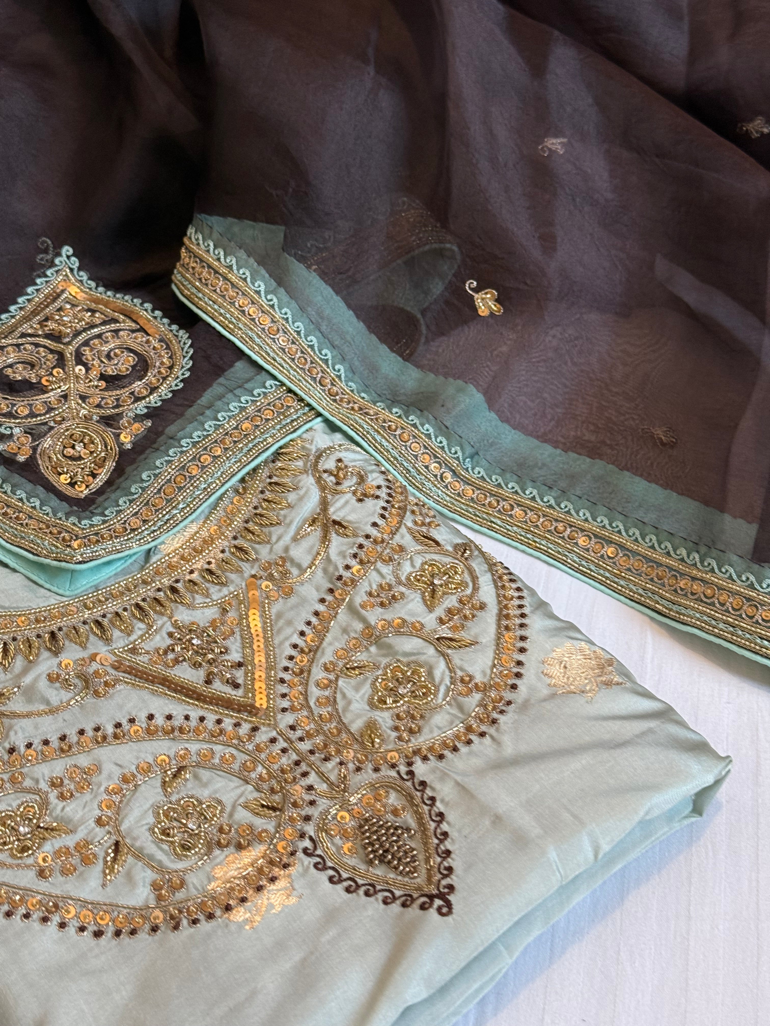 Mint blue - Brown shade katan silk hand embroidered kurta paired with kora silk zardozi duppata