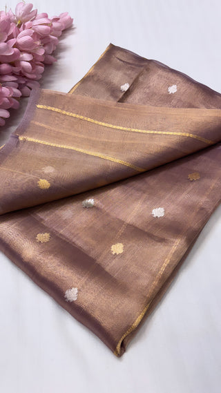 Pure banarasi dusty mouve tissue silk handwoven kadhwa buti saree with kadhwa intricate border buti weaving