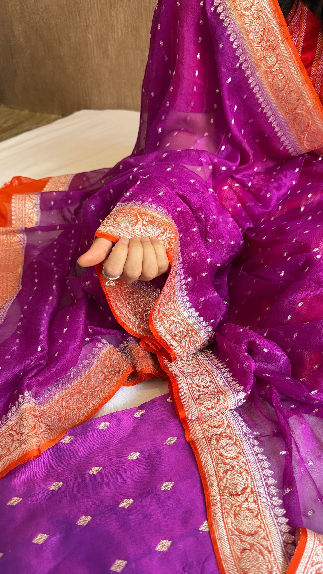 Magenta purple-fanta orange katan silk kadhwa buti kurta paired with chiffon gorgette chap dye duppata set