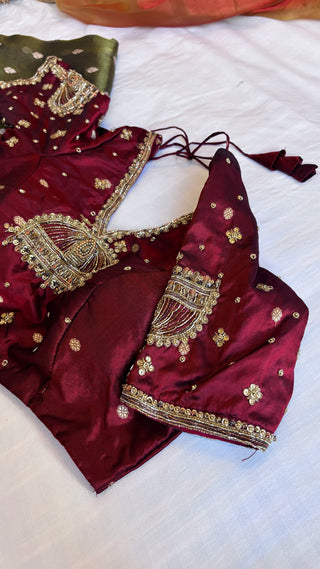 Sitara maroon hand embroidered katan silk blouse piece                     SIZE- 36 to 38