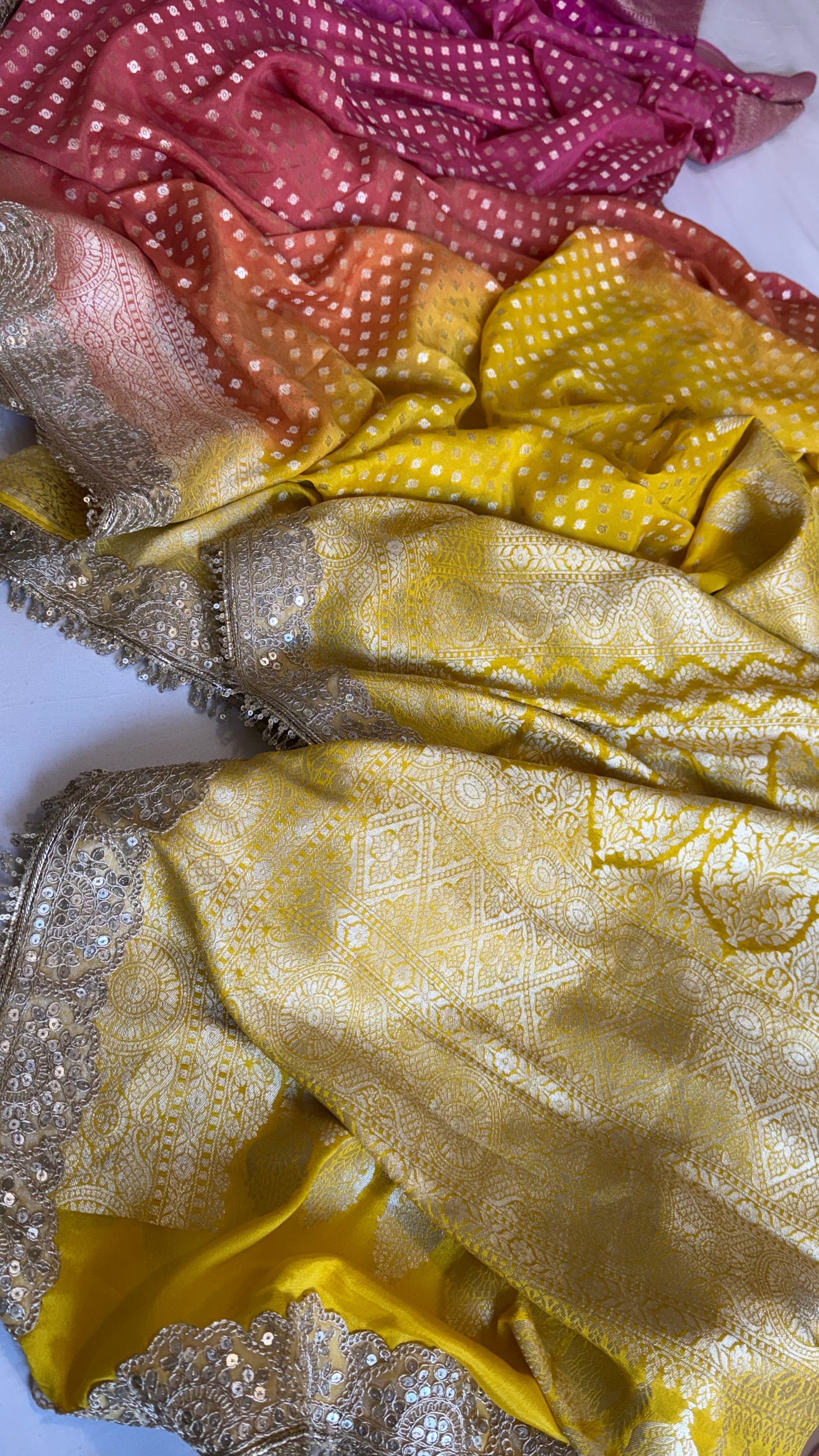 Moonga silk ombre shaded chunri buti kadhwa gotapatti saree