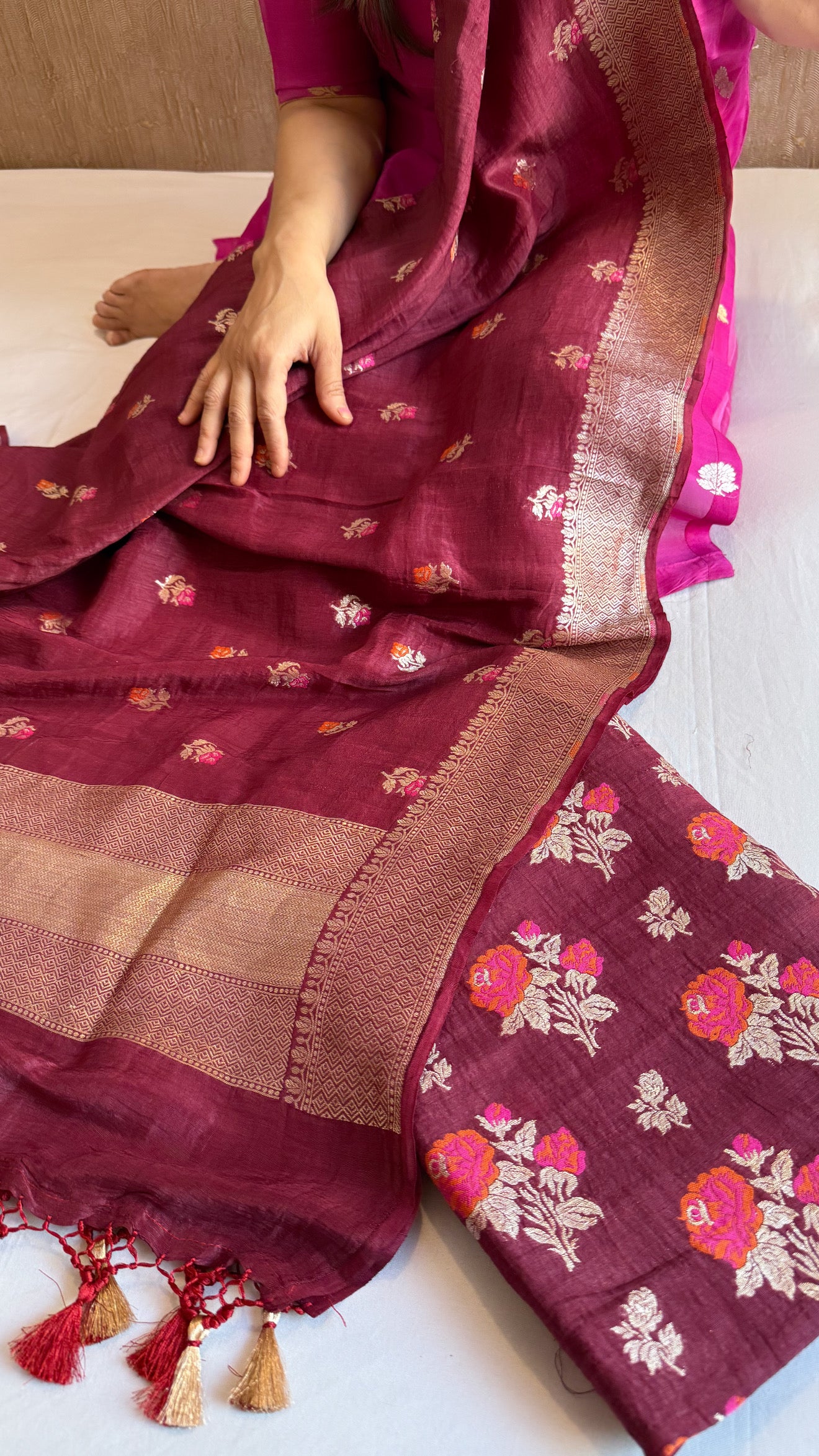 Linen gorgette burgundy kadhwa meenakari rose buta suit set