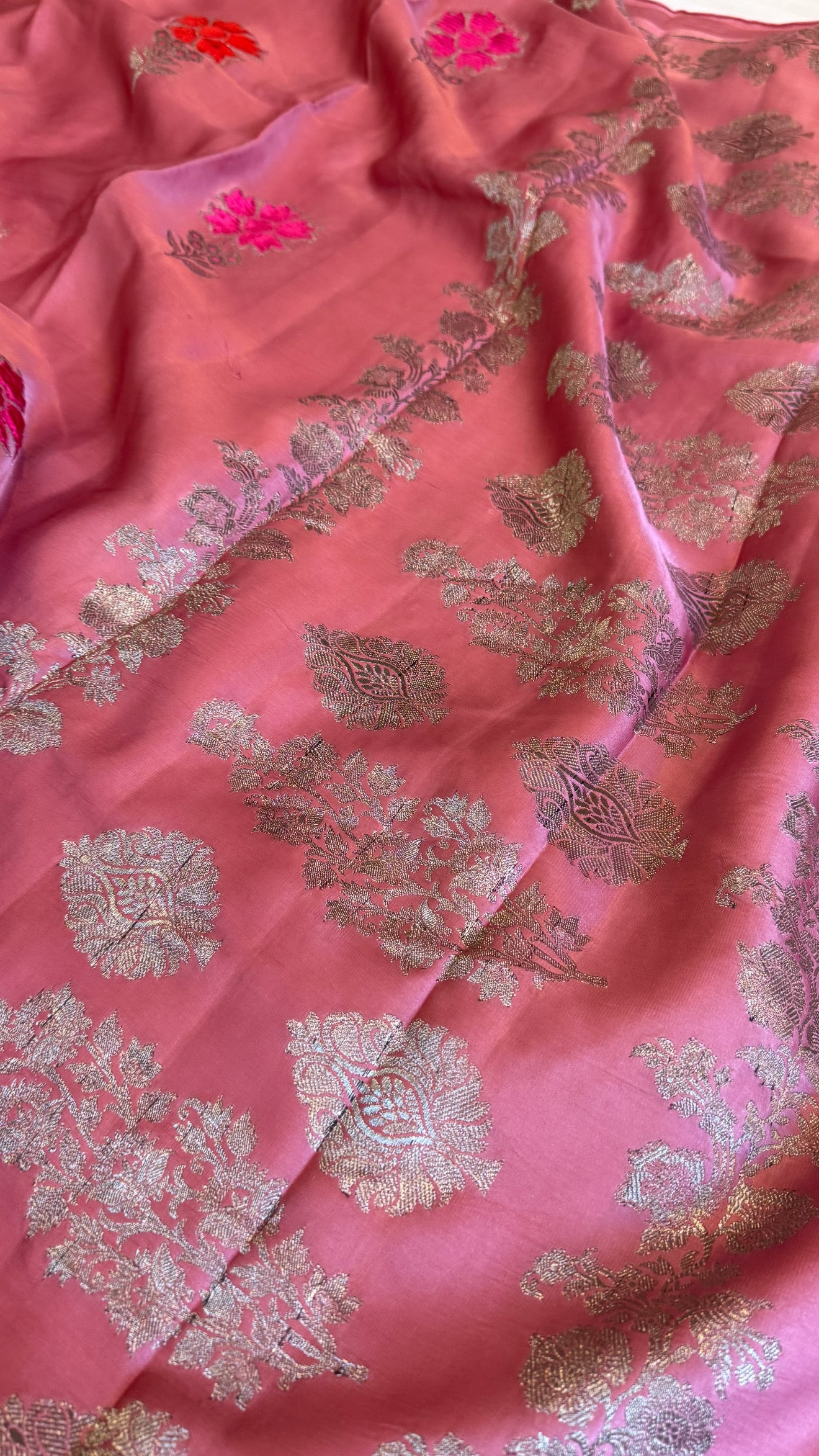 Brick peach banarasi mashru silk velvet buti kadhwa weaving antique black zari saree